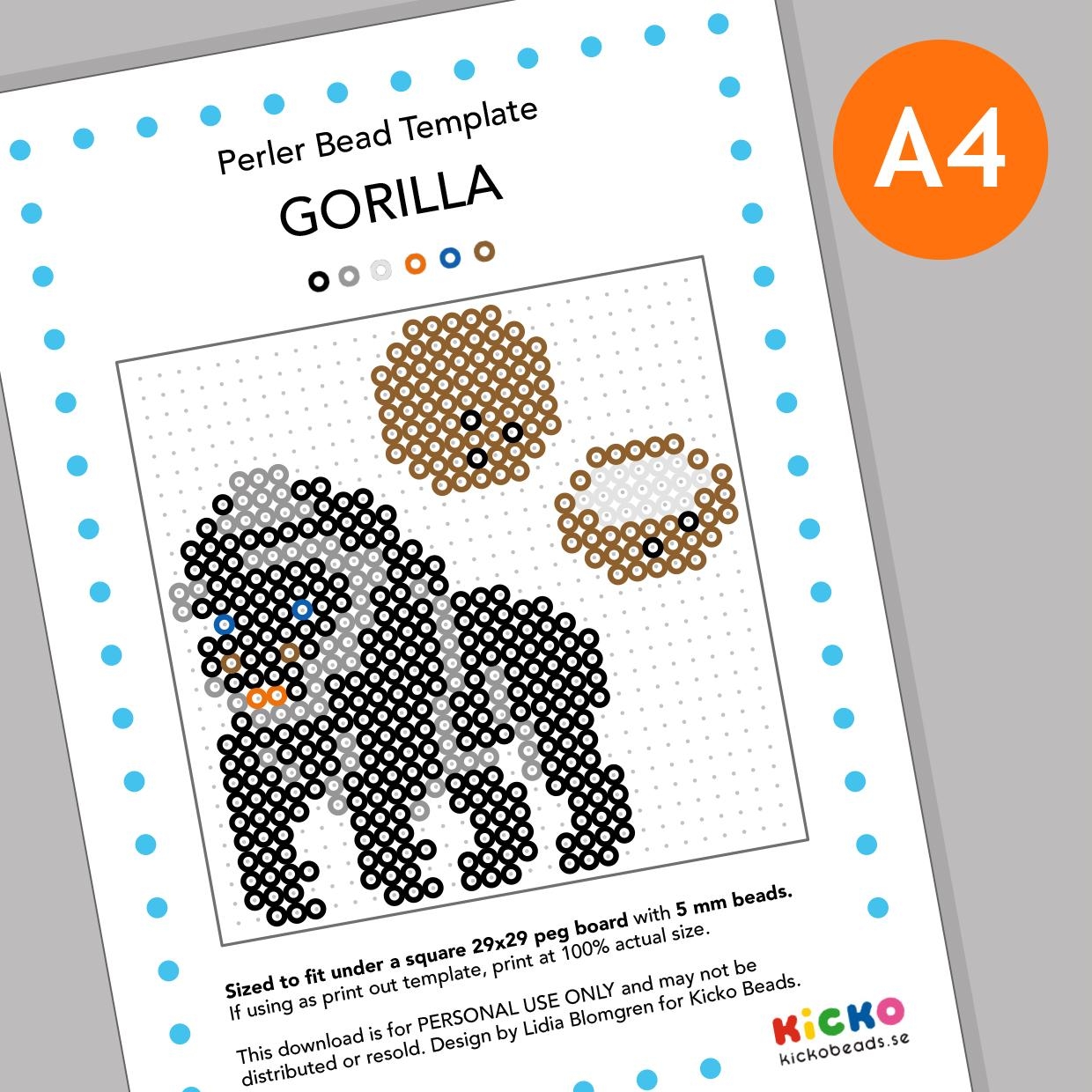 GORILLA Jungle Perler Beads Fuse Beads Template Activity Sheets Kids Crafts Hama Pyssla Printable Digital Download Etsy
