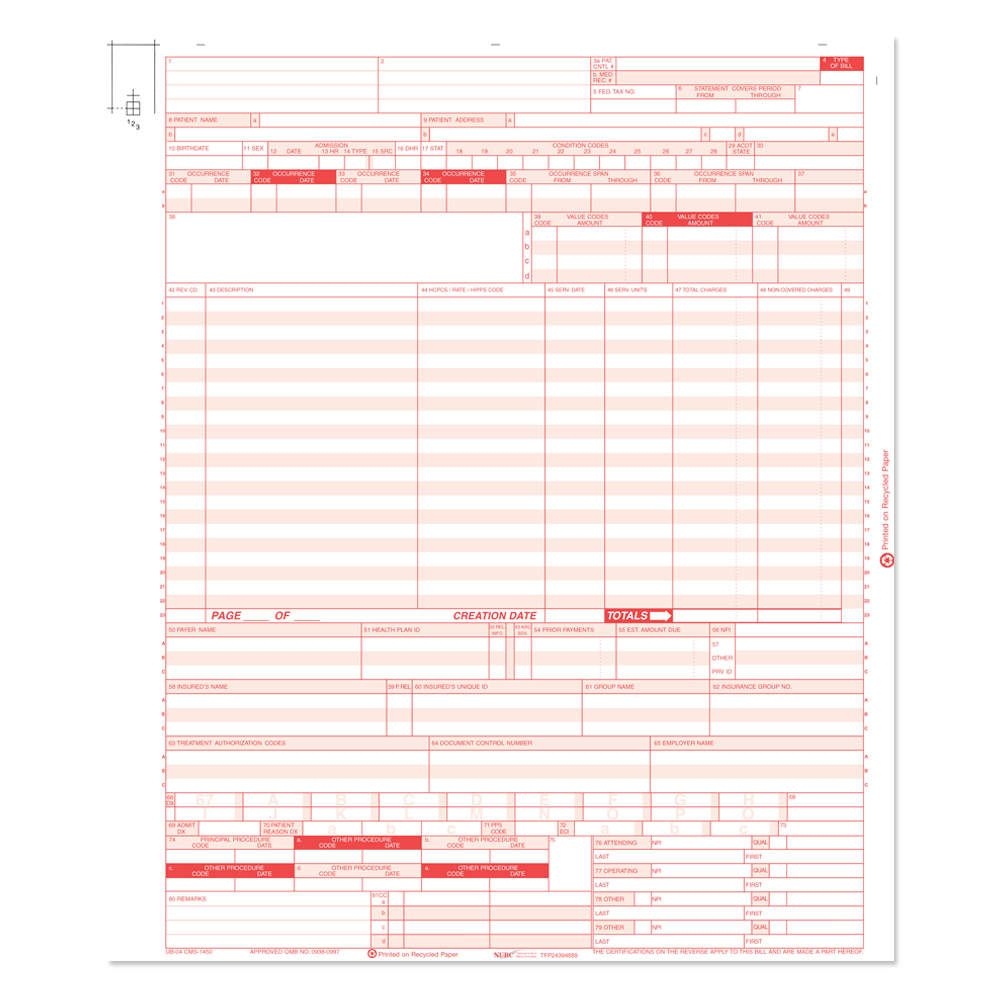 HCFA CLAIM FORM 1450 UB04 LASER CUT WHITE AND RED 2500 PER BOX