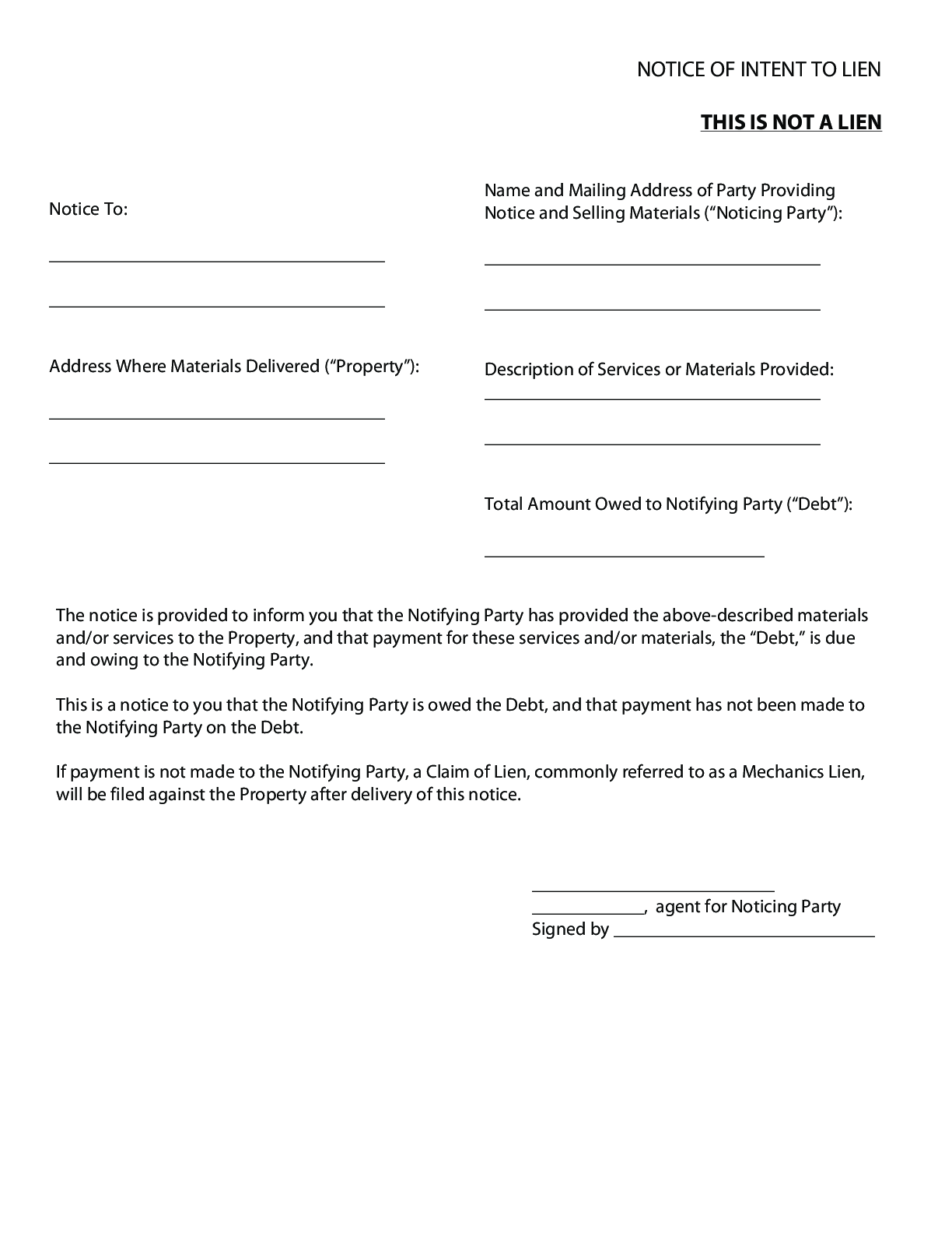 Indiana Notice Of Intent To Lien Form Free Template
