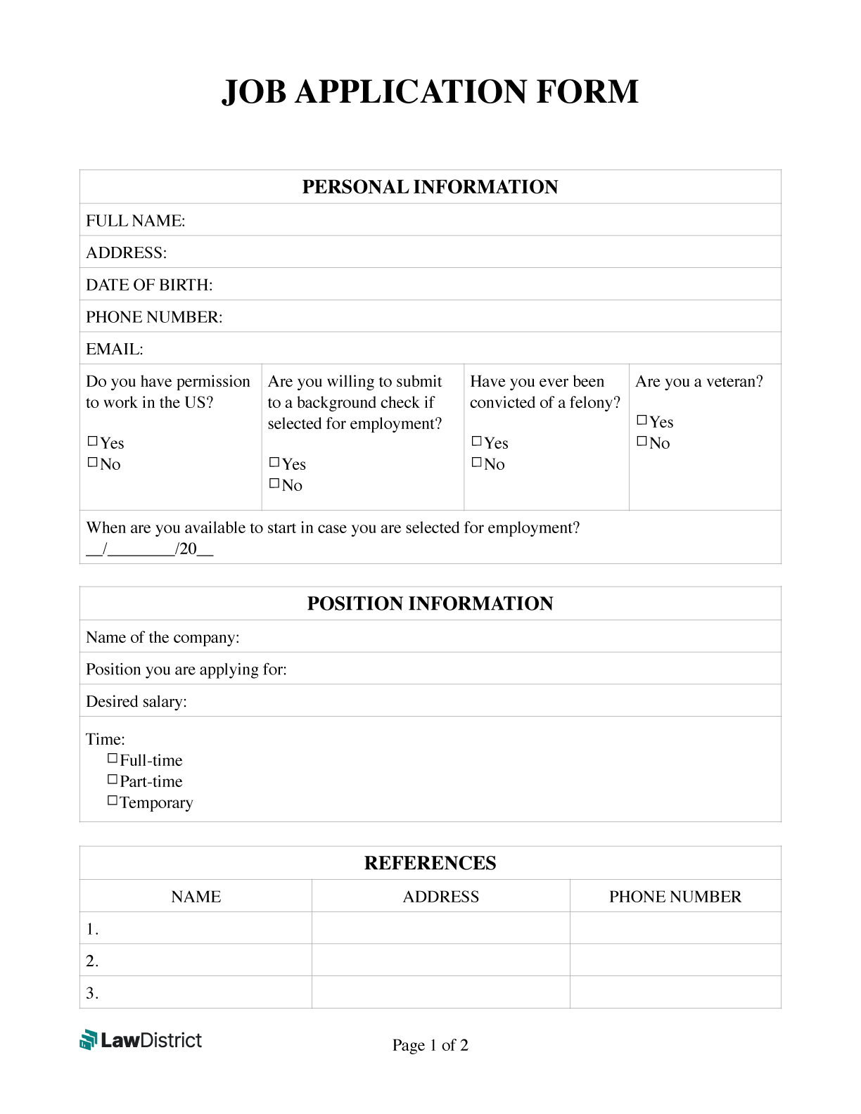 Free Printable Blank Employment Application Form
