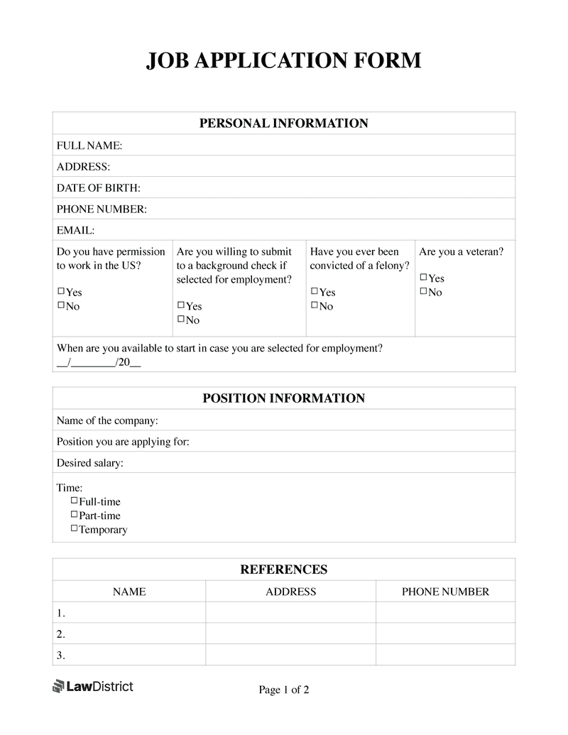 Blank Printable Job Application Form Free