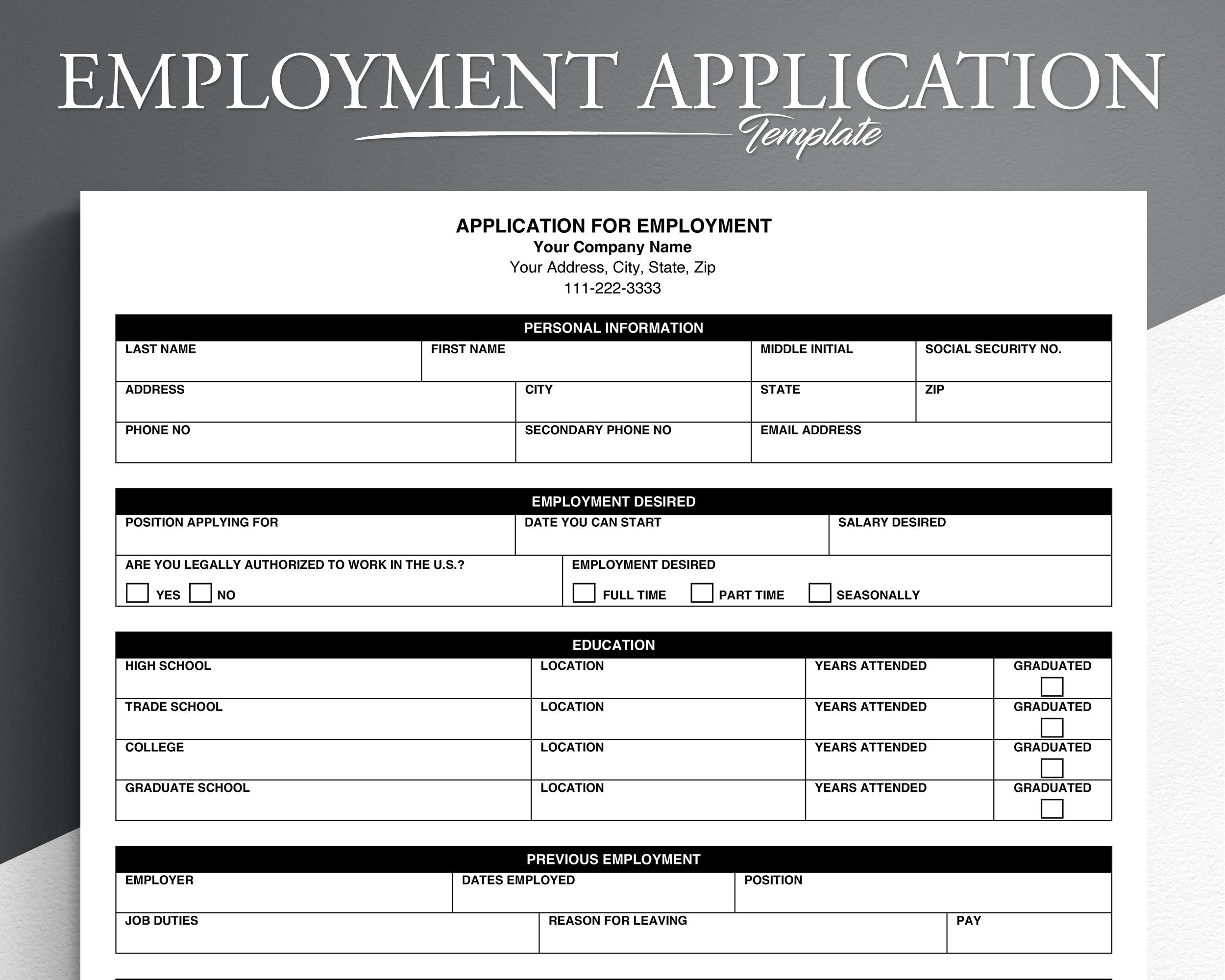 Printable Blank Job Application Form