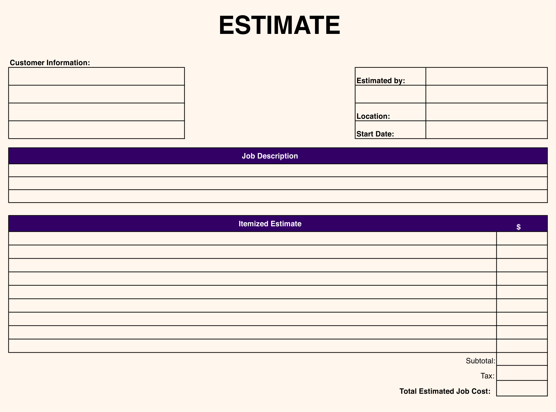Job Estimate Blank Free Printable Estimate Forms Printable Party Favors Job Estimate Blank Free Printable Estimate Forms Printable Party Favors