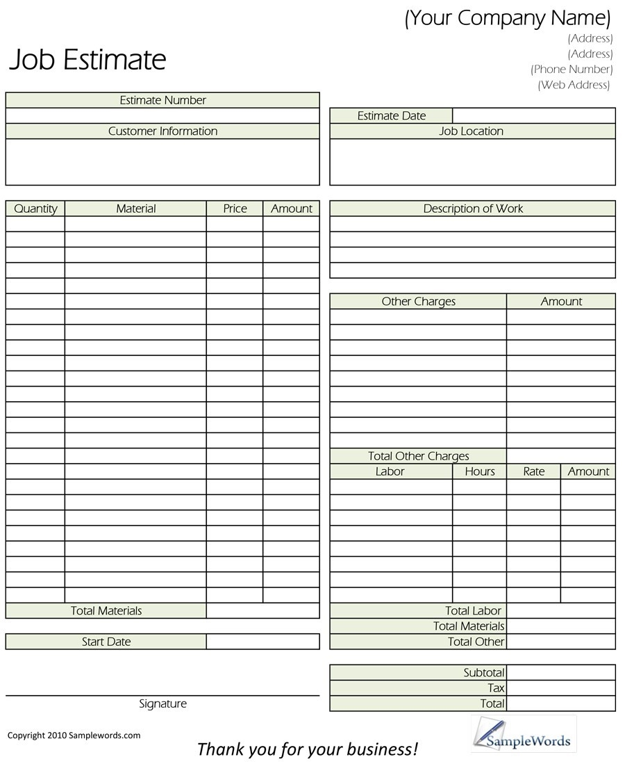 Free Blank Printable Contractor Estimate Template