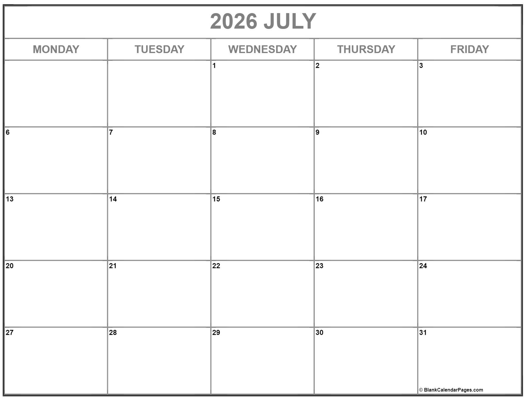 Blank July 2026 Calendar Printable