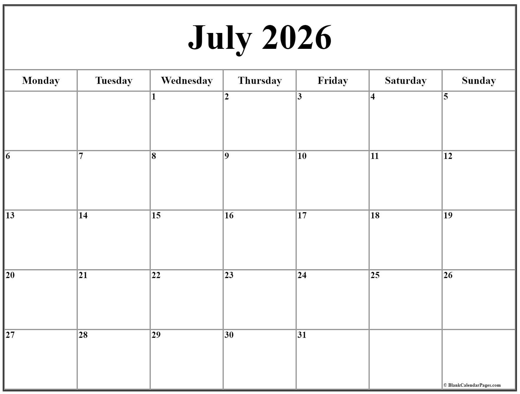July 2026 Monday Calendar Monday To Sunday