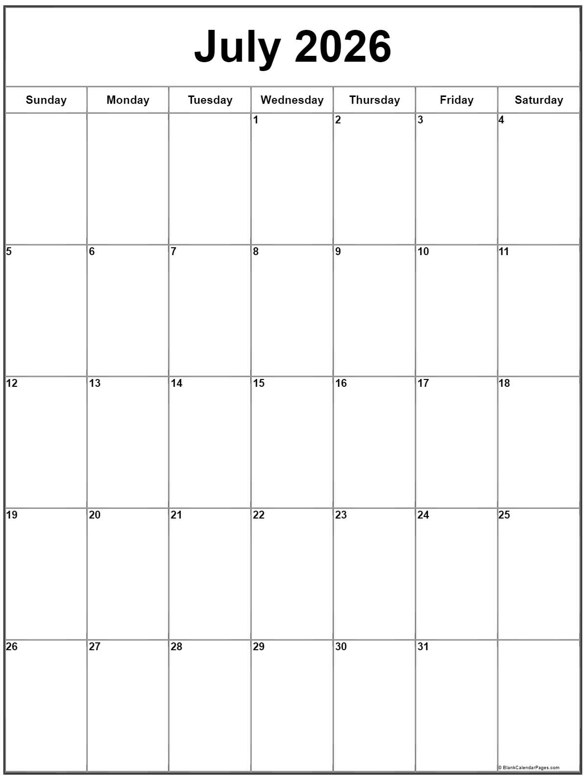 July 2026 Vertical Calendar Portrait