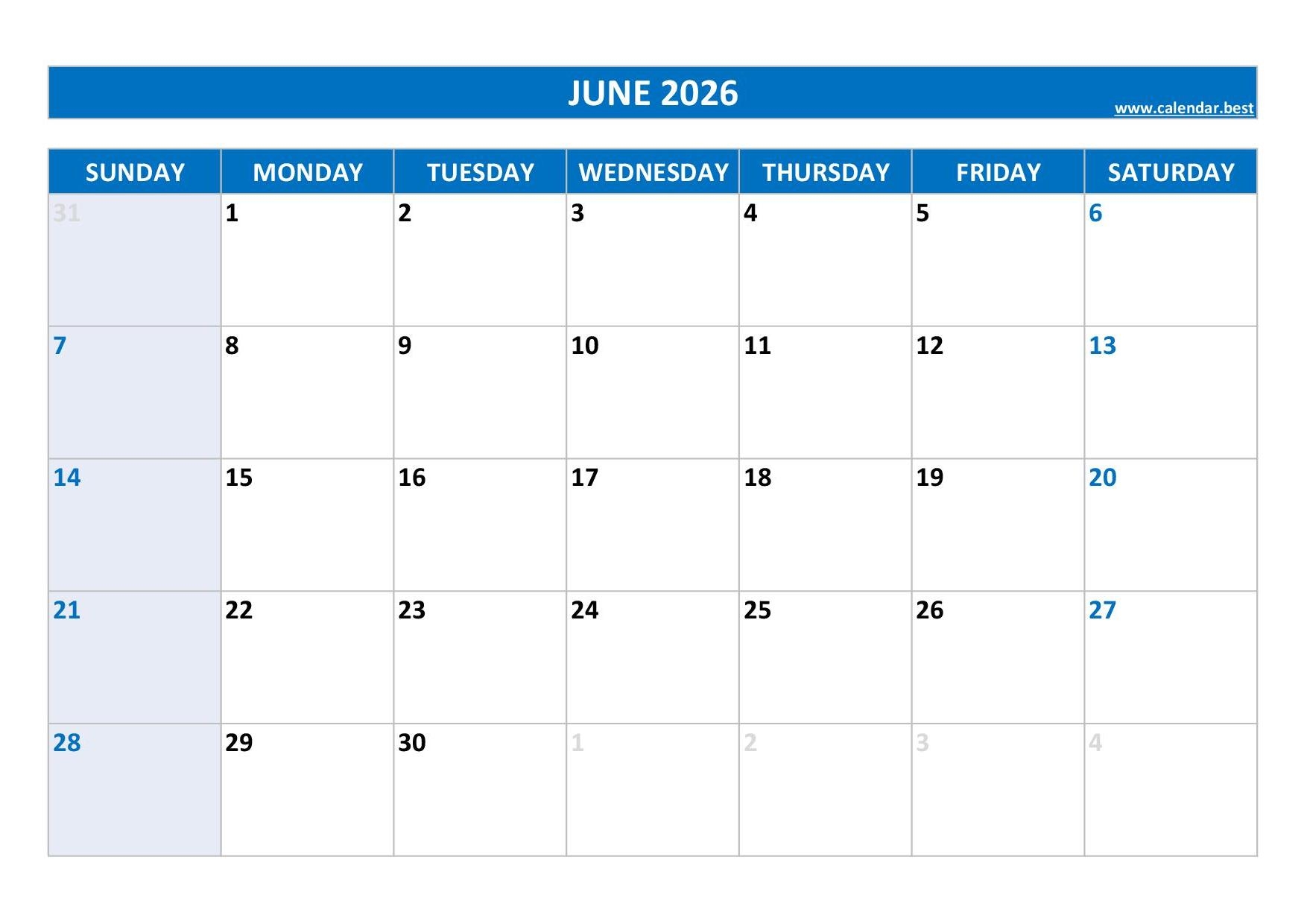 Blank June 2026 Calendar Printable