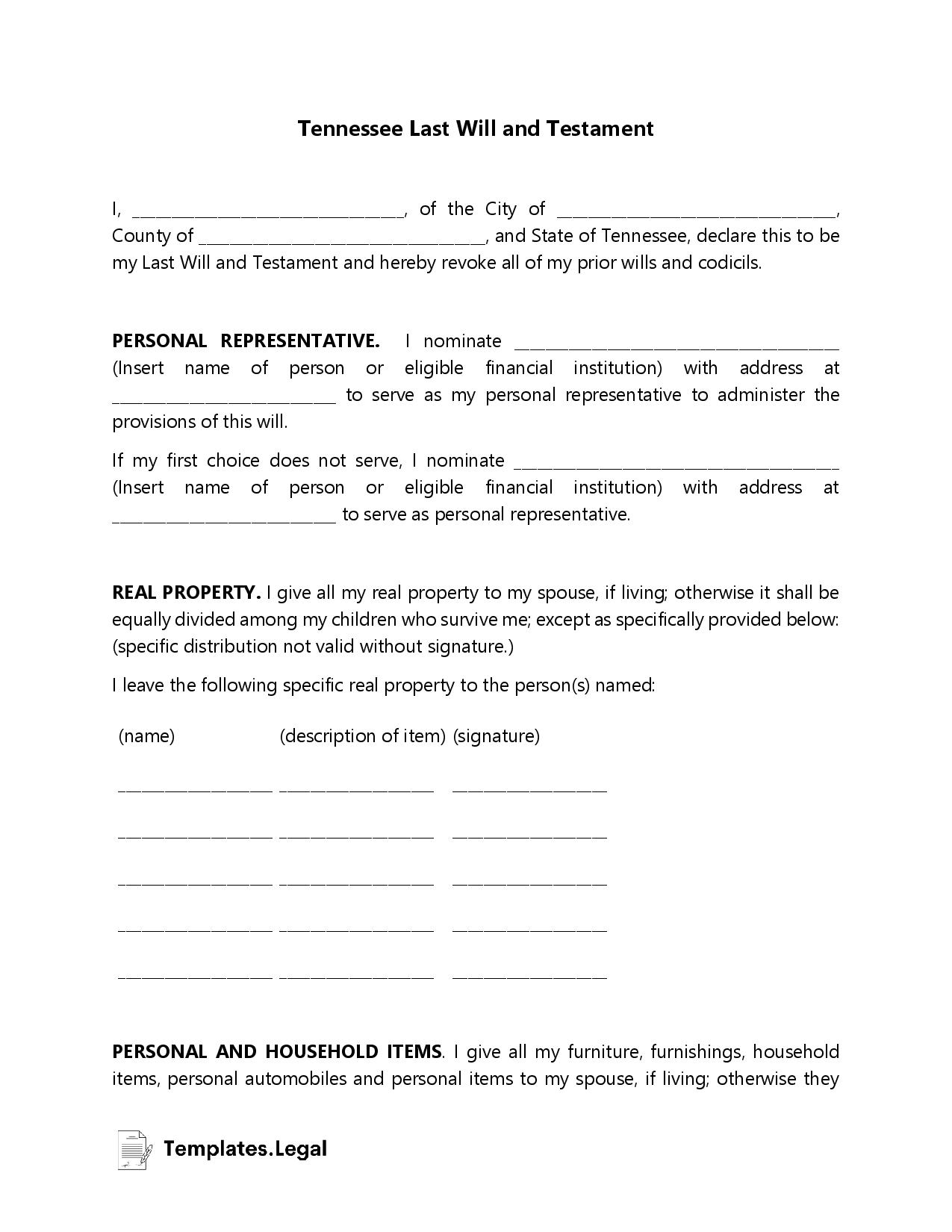 Last Will And Testament Template Tennessee Fill Online Worksheets Library