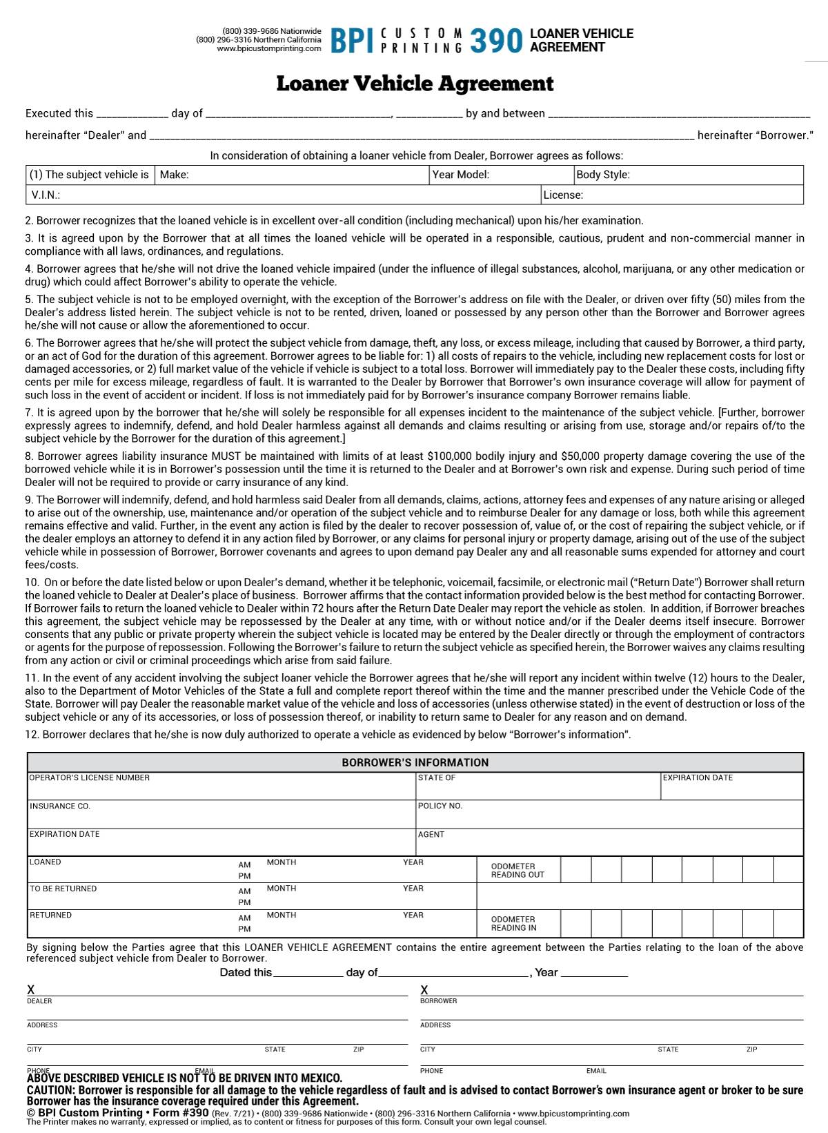 Loaner Vehicle Agreement BPI Custom Printing