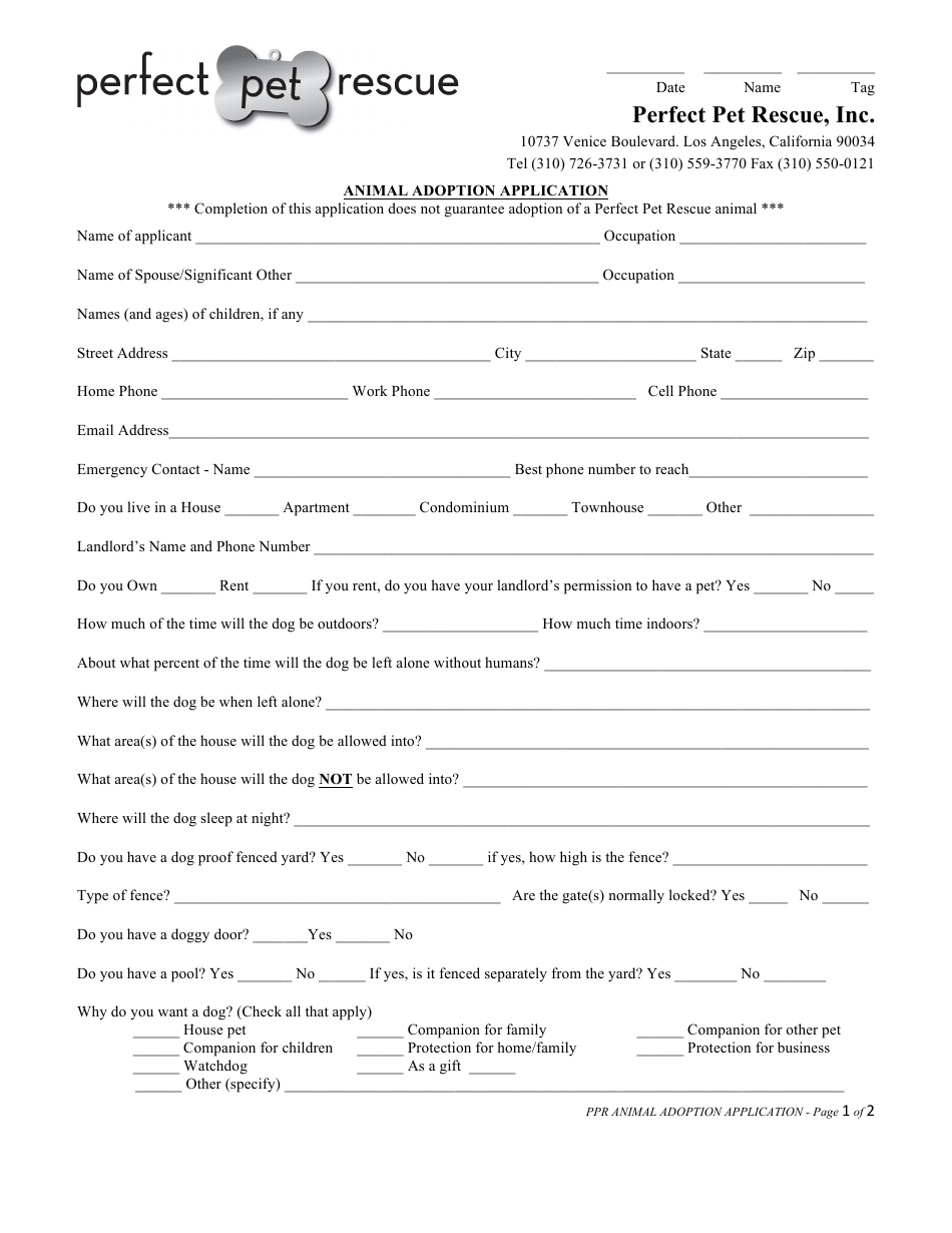Printable Blank Pet Adoption Forms