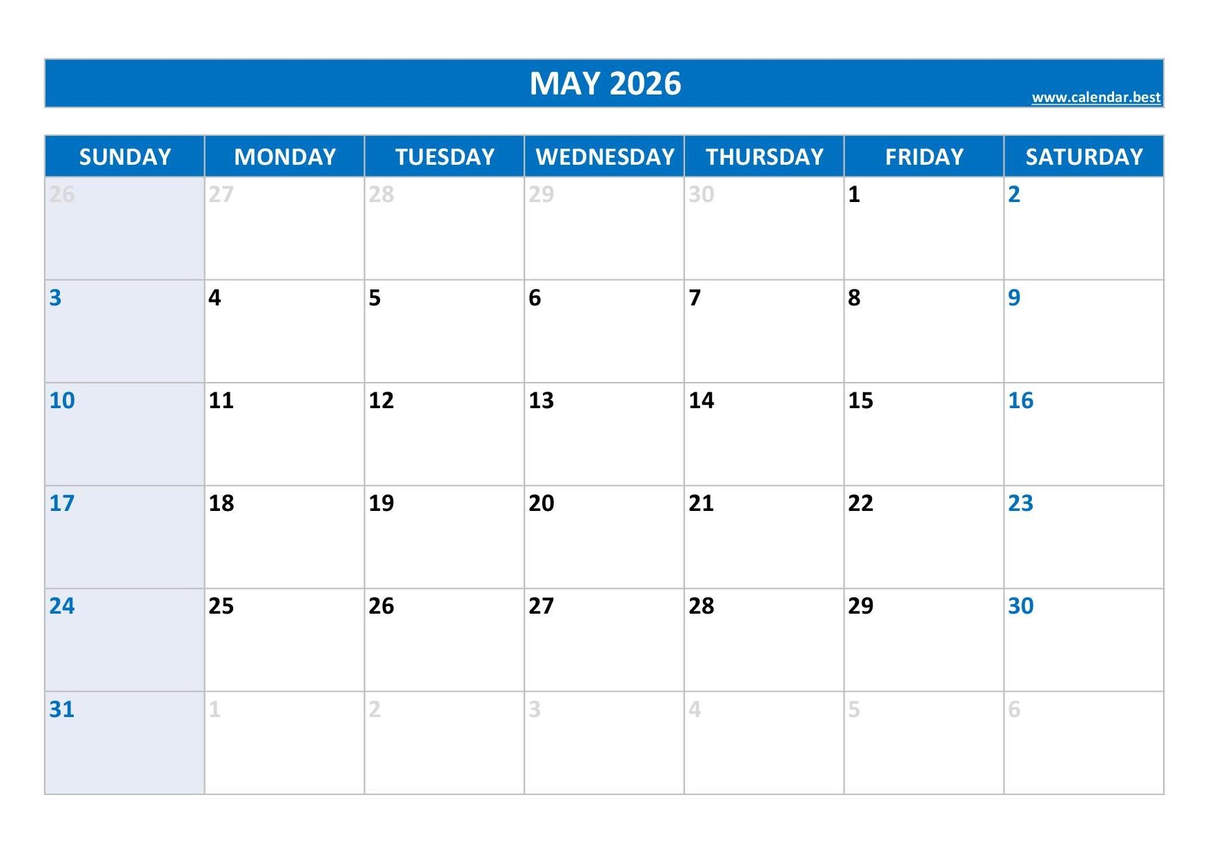 Blank Monthly Calendar 2026 Printable