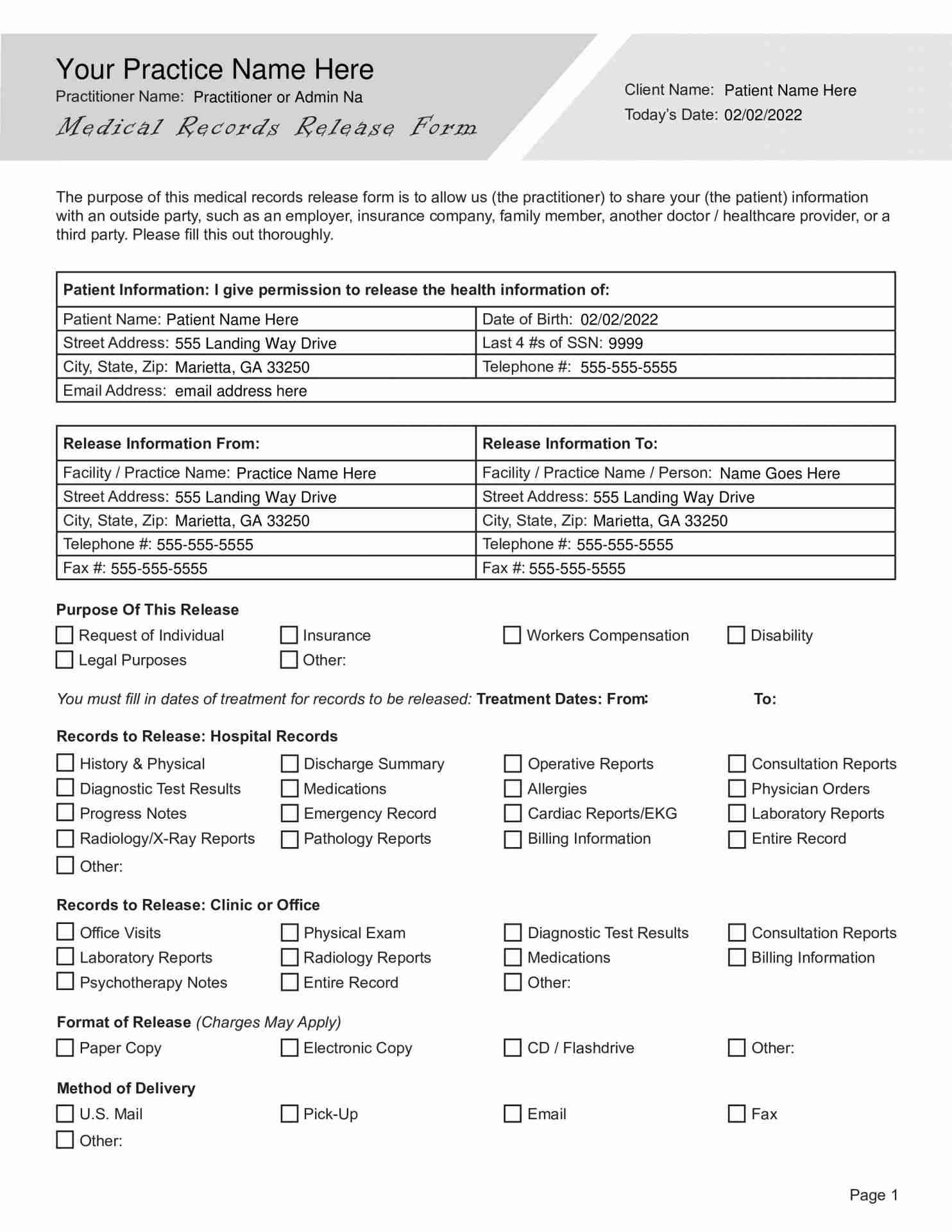Printable Blank Medical Records Release Form