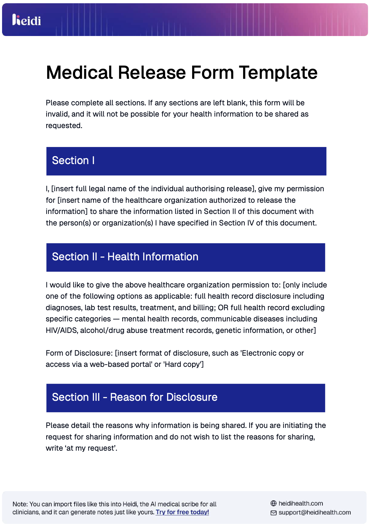 Free Blank Printable Medical Release Form