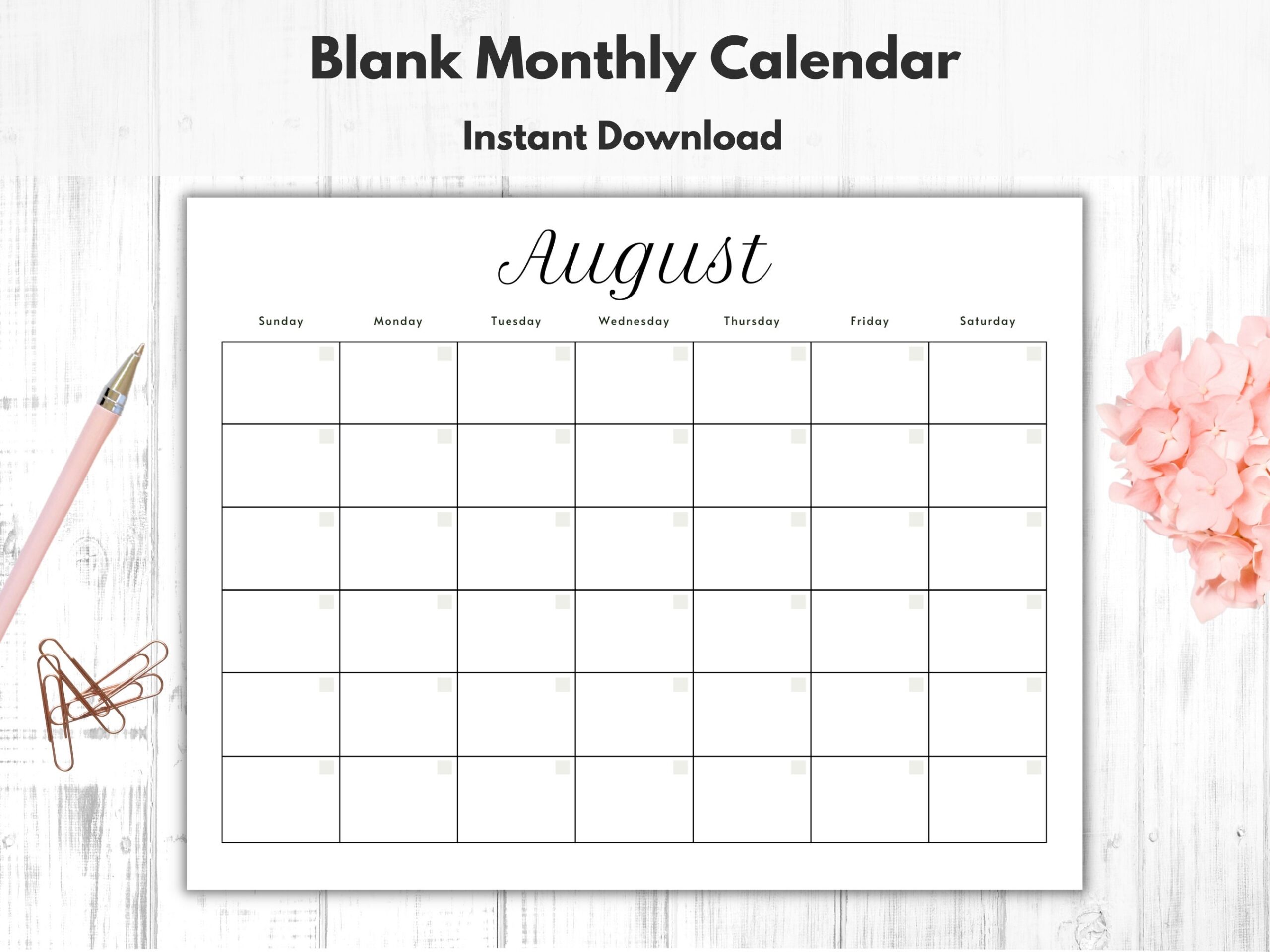Monthly Blank Calendar Printable Calendar Template Horizontal Printable Calendar Pages PDF Printable Instant Download Simple Calendar Etsy