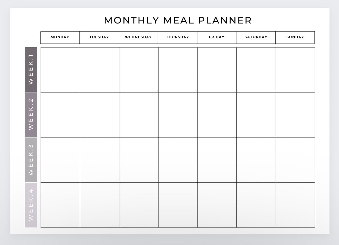 Blank Meal Calendar Months Printable