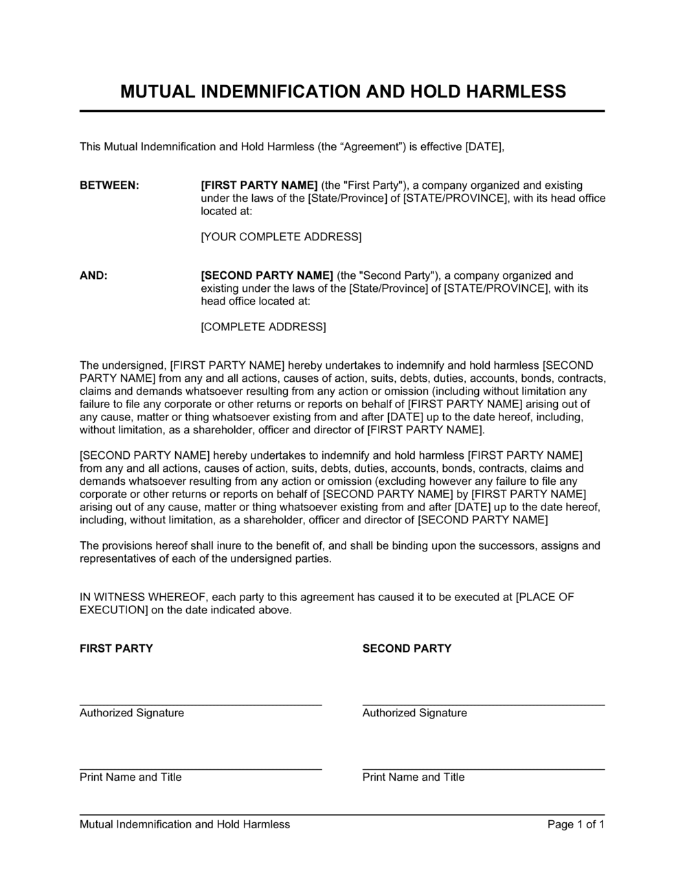 Mutual Indemnification And Hold Harmless Agreement Template