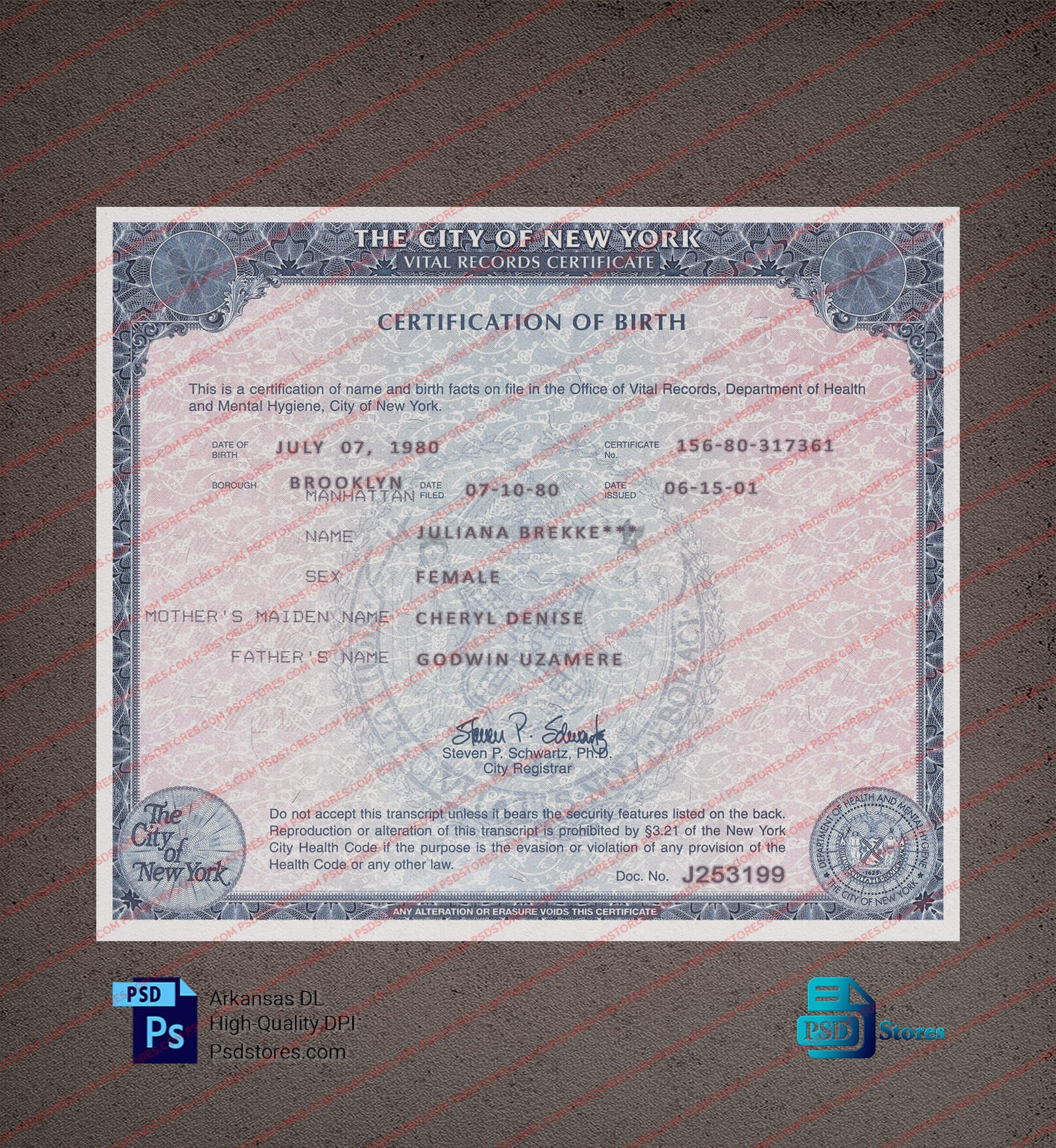 NewYork Birth Certificate Template PSD Stores