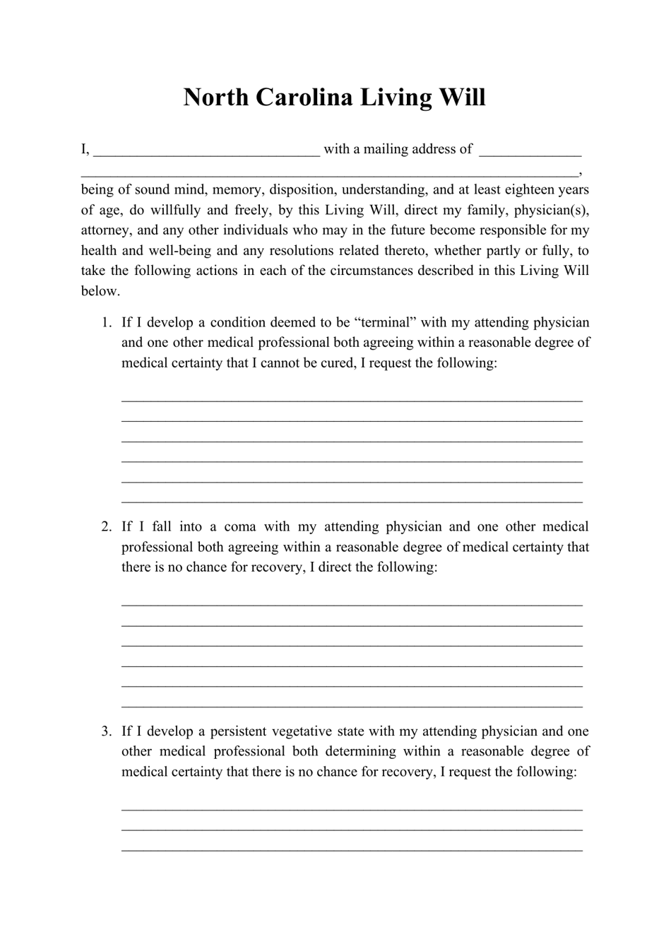 North Carolina Living Will Form Fill Out Sign Online And Download PDF Templateroller