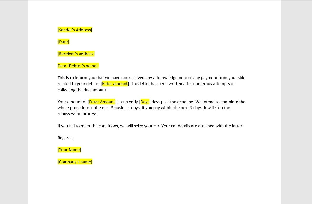 Printable Blank Vehicle Repossession Order Form