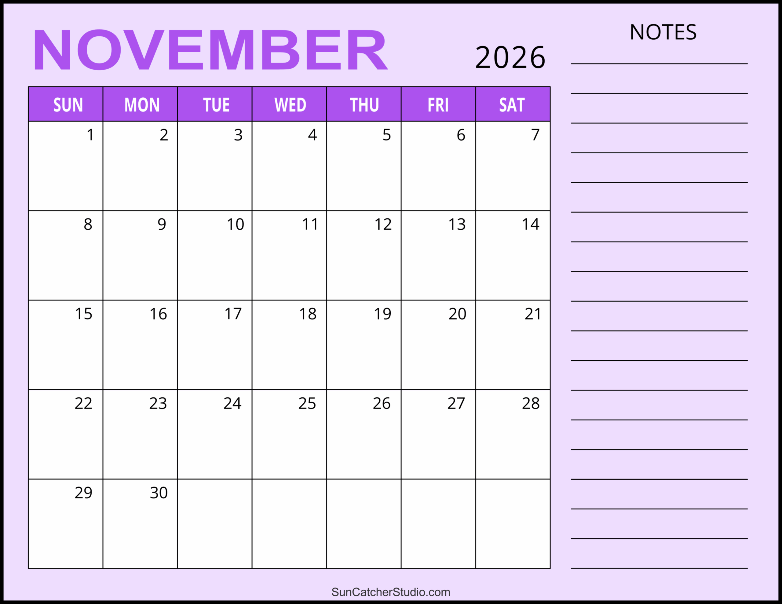 Printable Blank November 2026 Calendar