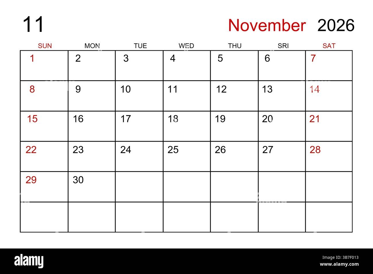 November Blank Calendar 2026 Printable