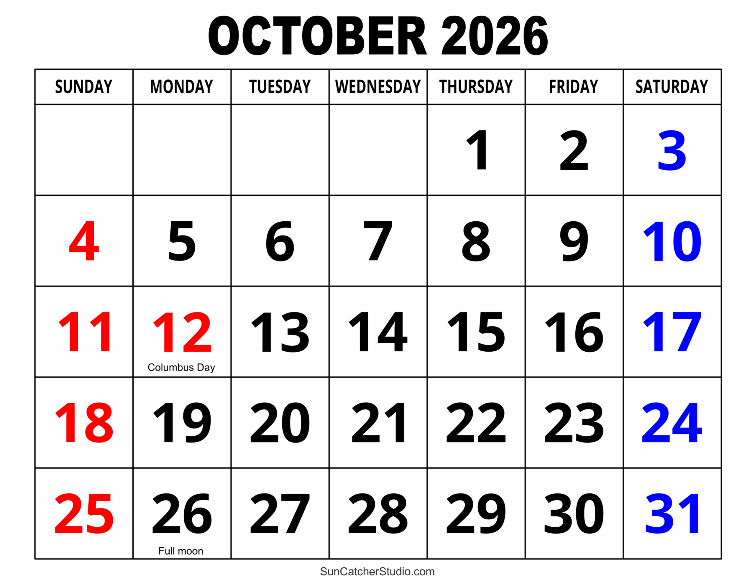 Editable Blank October 2026 Calendar Printable