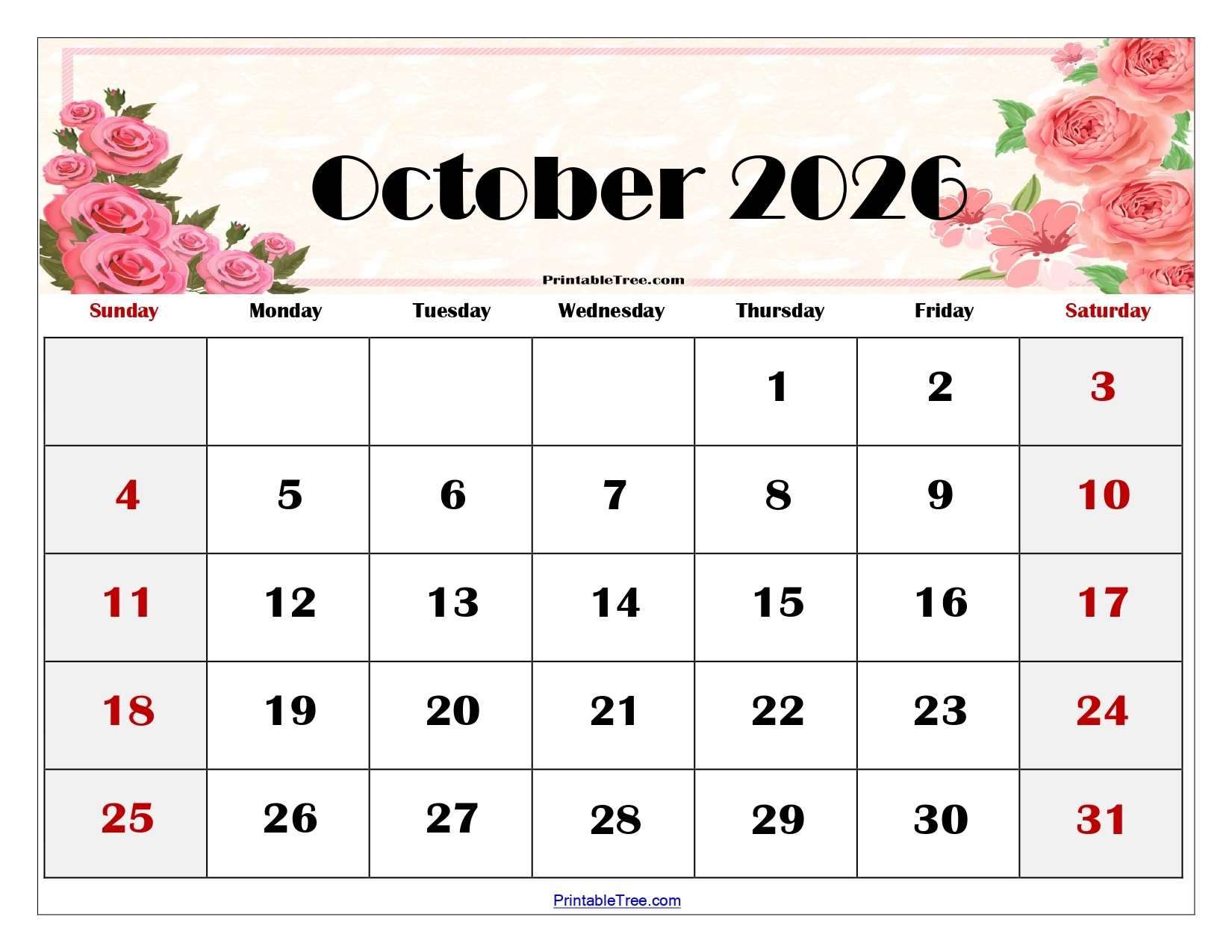 Printable Blank Calendar For October 2026