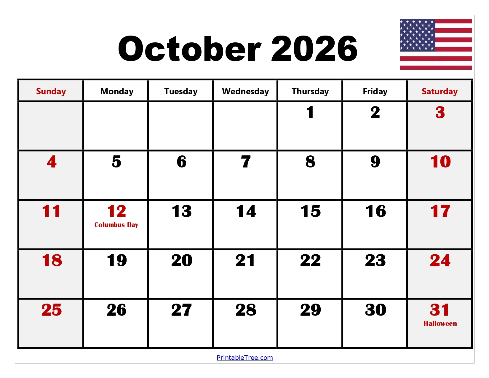 Blank October Calendar 2026 Printable