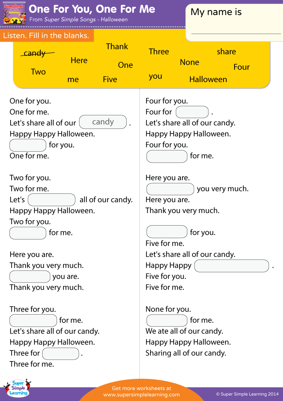 One For You One For Me Worksheet Fill In The Blanks Super Simple