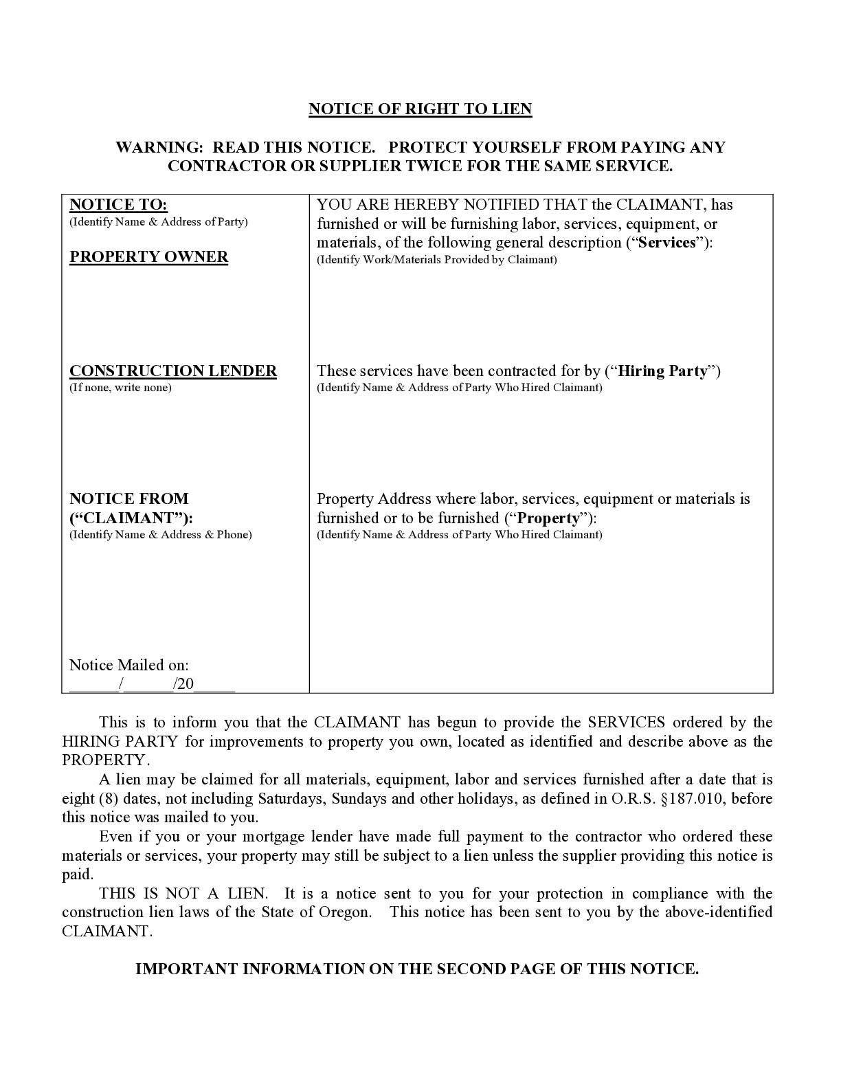 Oregon Notice Of Right To Lien Form Free Template