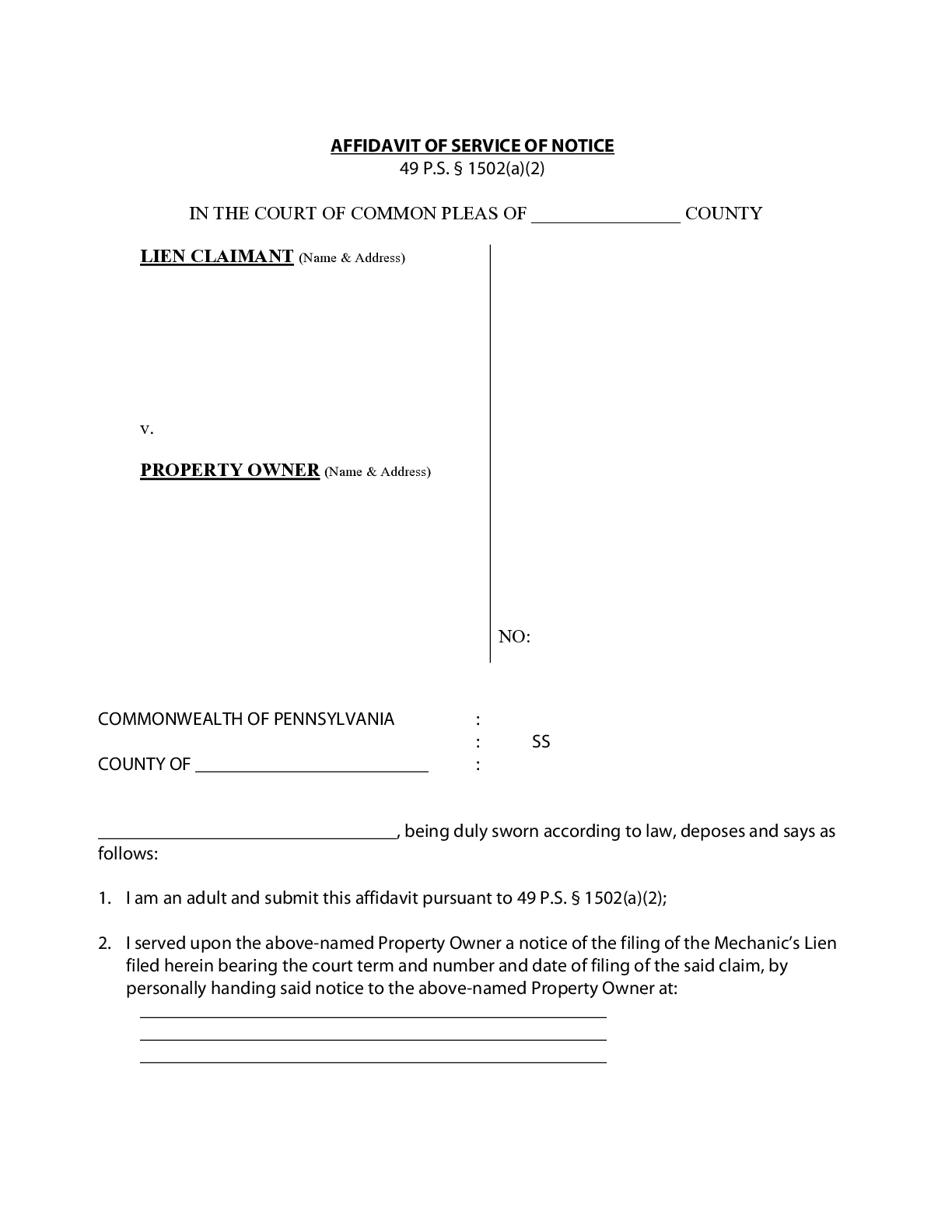 Pennsylvania Affidavit Of Service Of Lien Form Free Pennsylvania Affidavit Of Service Of Lien Form Free
