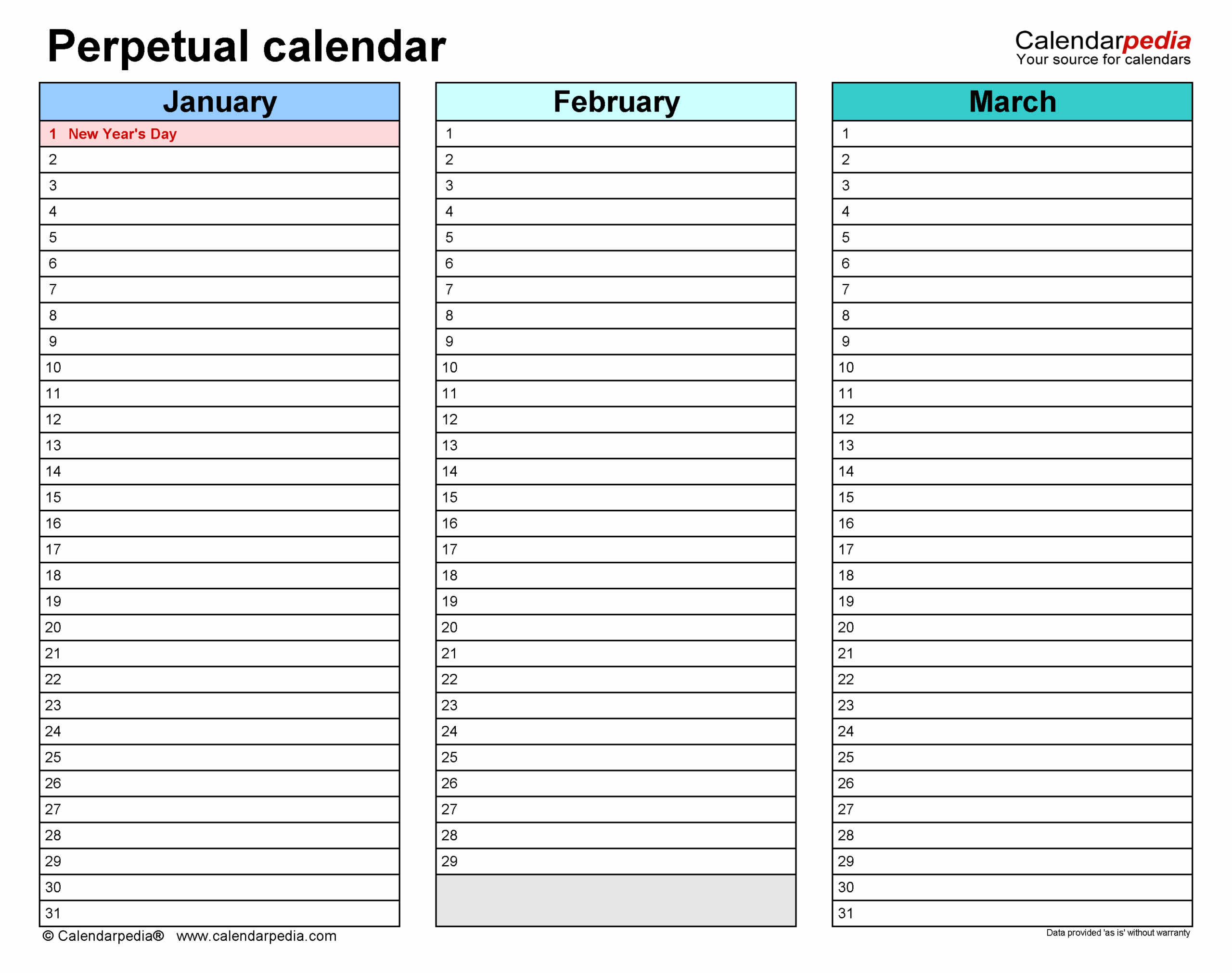 Perpetual Calendars Free Printable PDF Templates