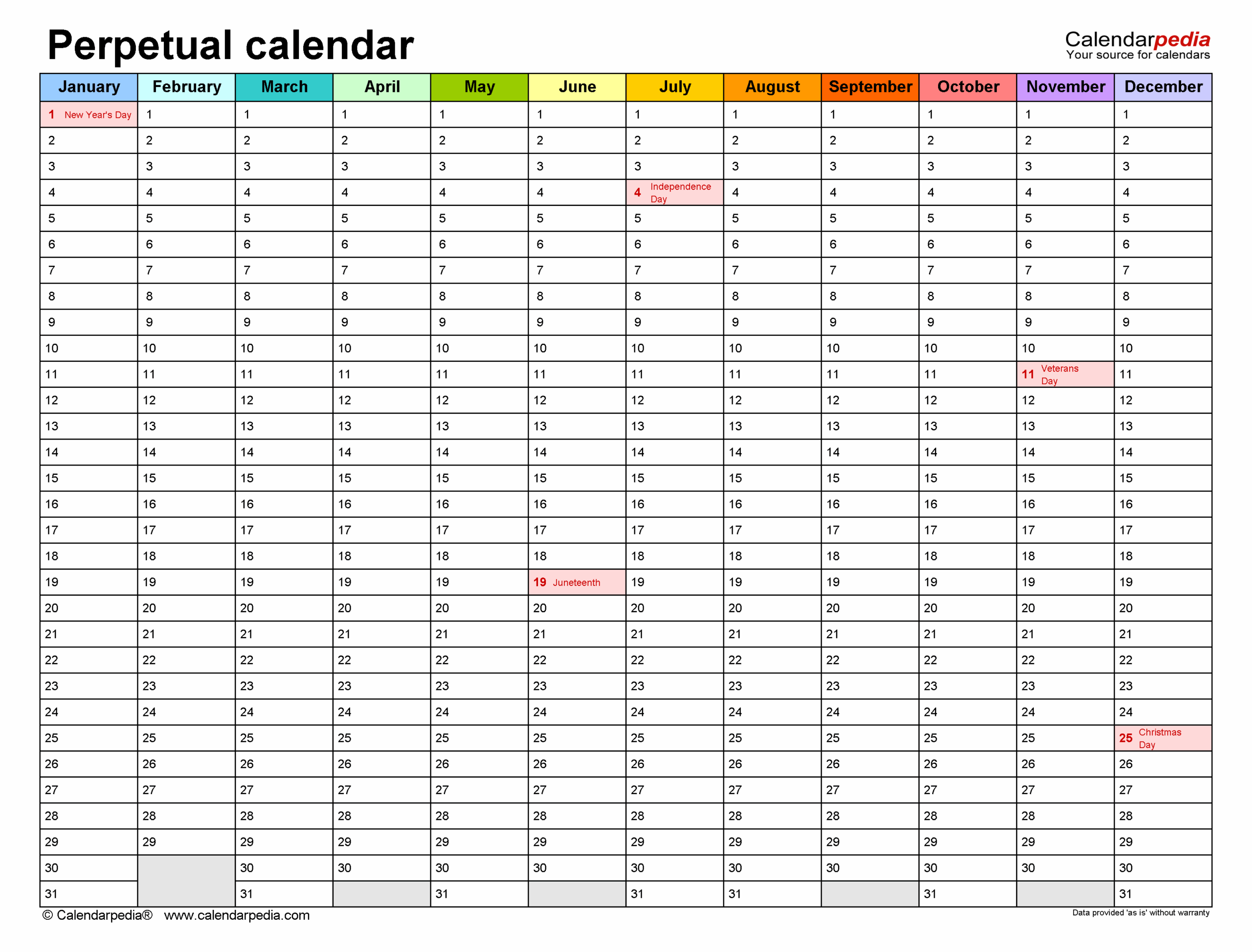 Perpetual Calendars Free Printable PDF Templates