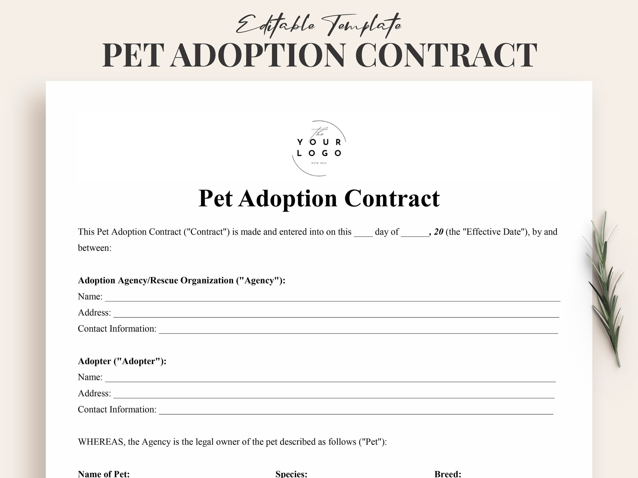 Pet Adoption Contract Template Printable Pet Agreement Form For Breeders Rescue Centers Dog Cat Animal Adoption Paperwork PDF Etsy