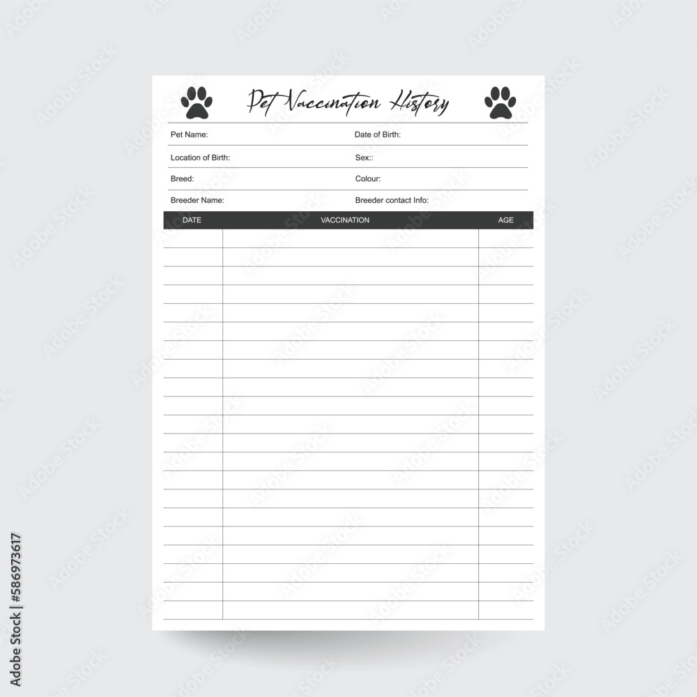 Pet Vaccination History Printable Form Vaccine Log Pet Report Card Vaccination History From Pet Organizer Pet Vaccination From printable Pet Forms pet Health Tracker pet Profile Forms Stock Vector Adobe Stock