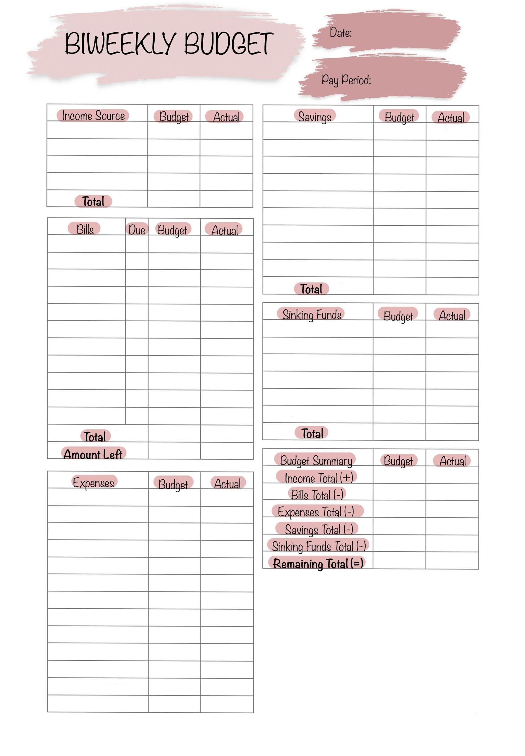 Pink Printable And Digital Biweekly Budget Planner Cash Envelopes Expenses Etsy