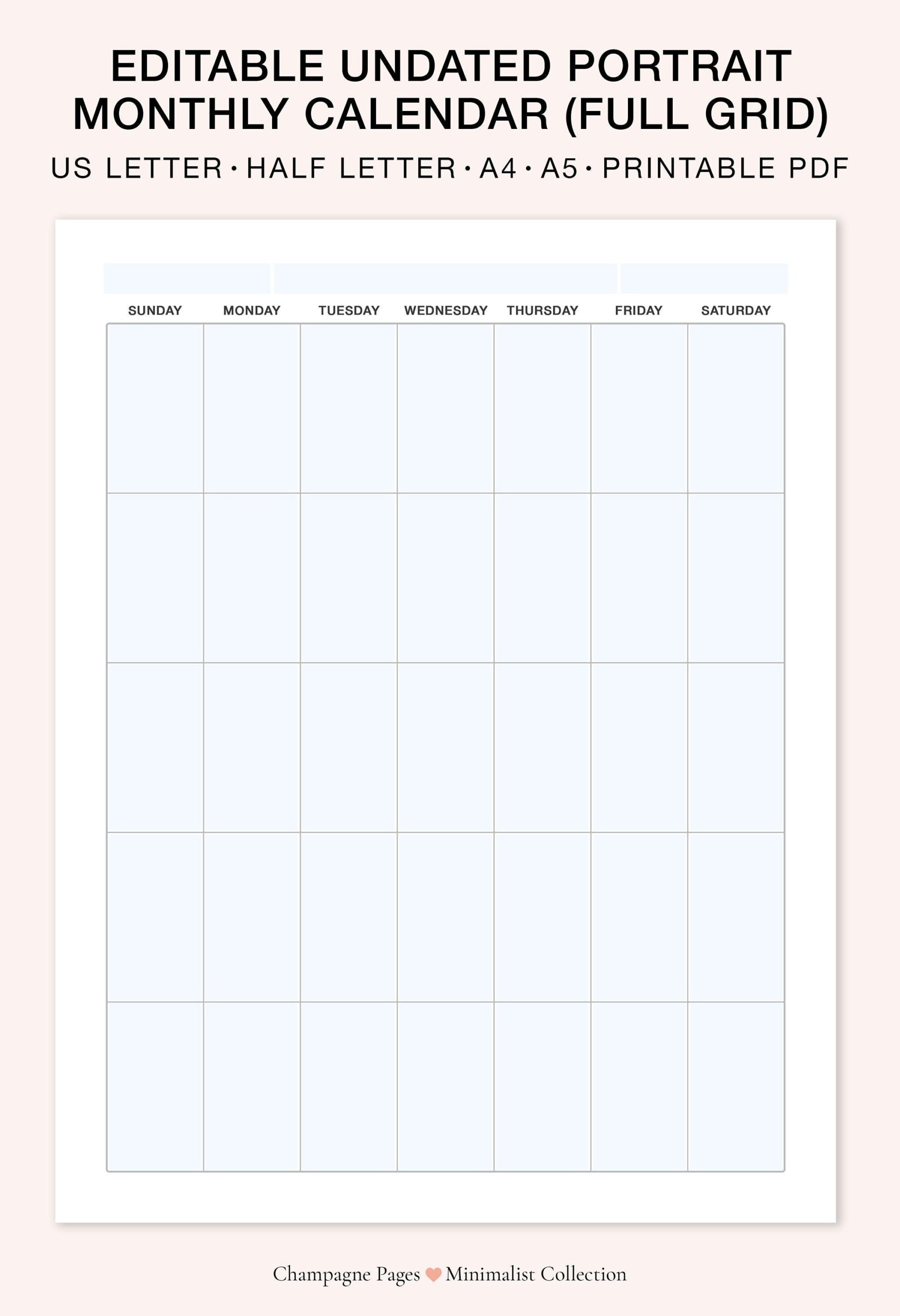 Portrait Editable fillable Monthly Calendar Printable Blank Monthly Calendar Template Undated Vertical Calendar A5 a4 letter half Size Etsy