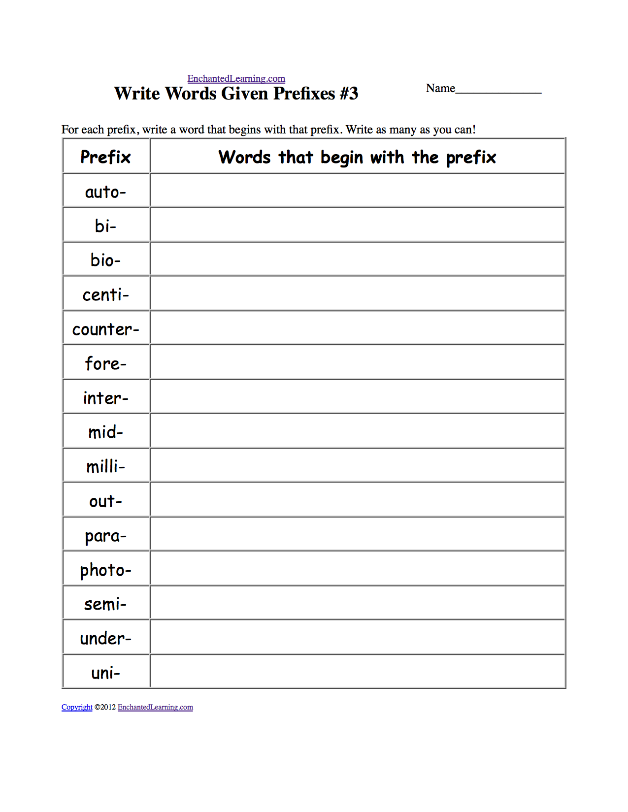 Printable Blank Prefix Dictionary Template
