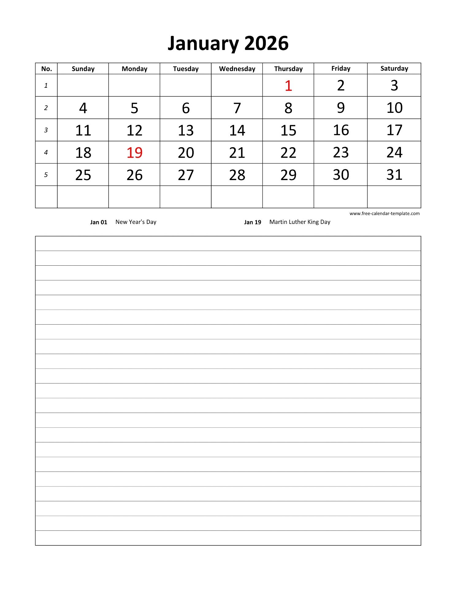 Printable Blank Daily Calendar 2026