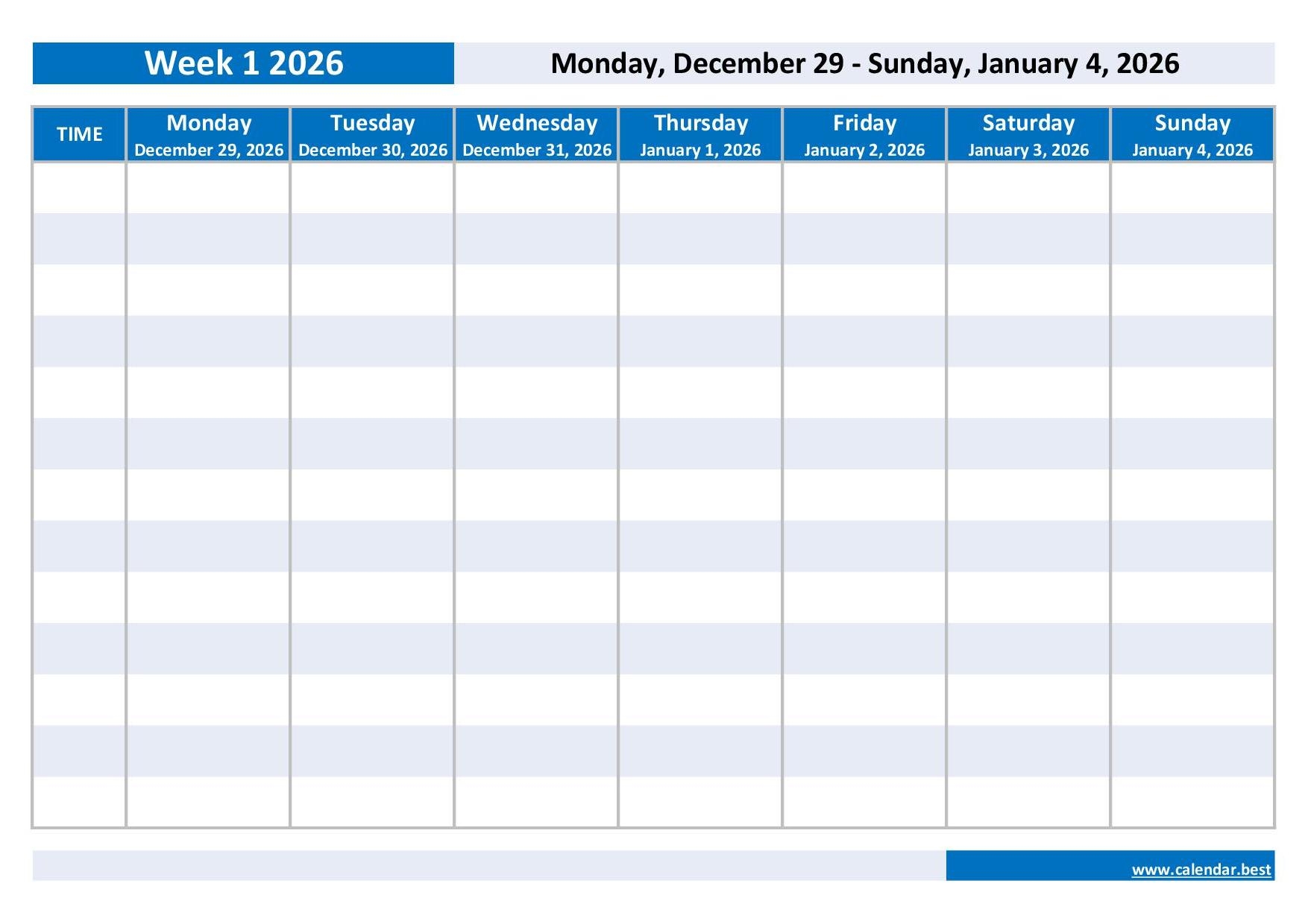 Printable 2026 Weekly Calendar