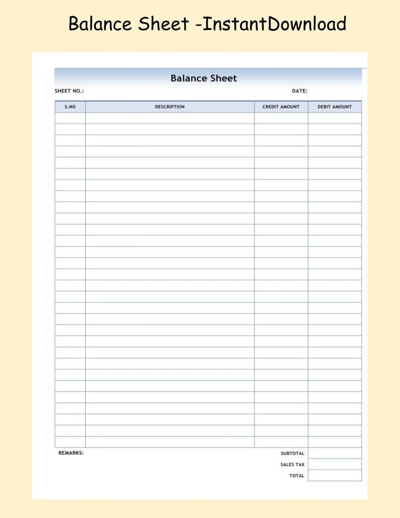 Printable Balance Sheet ledger Sheet Small Business Accounting Form PDF Digital Download trial Balance printable bookkeeping entrepreneur Etsy