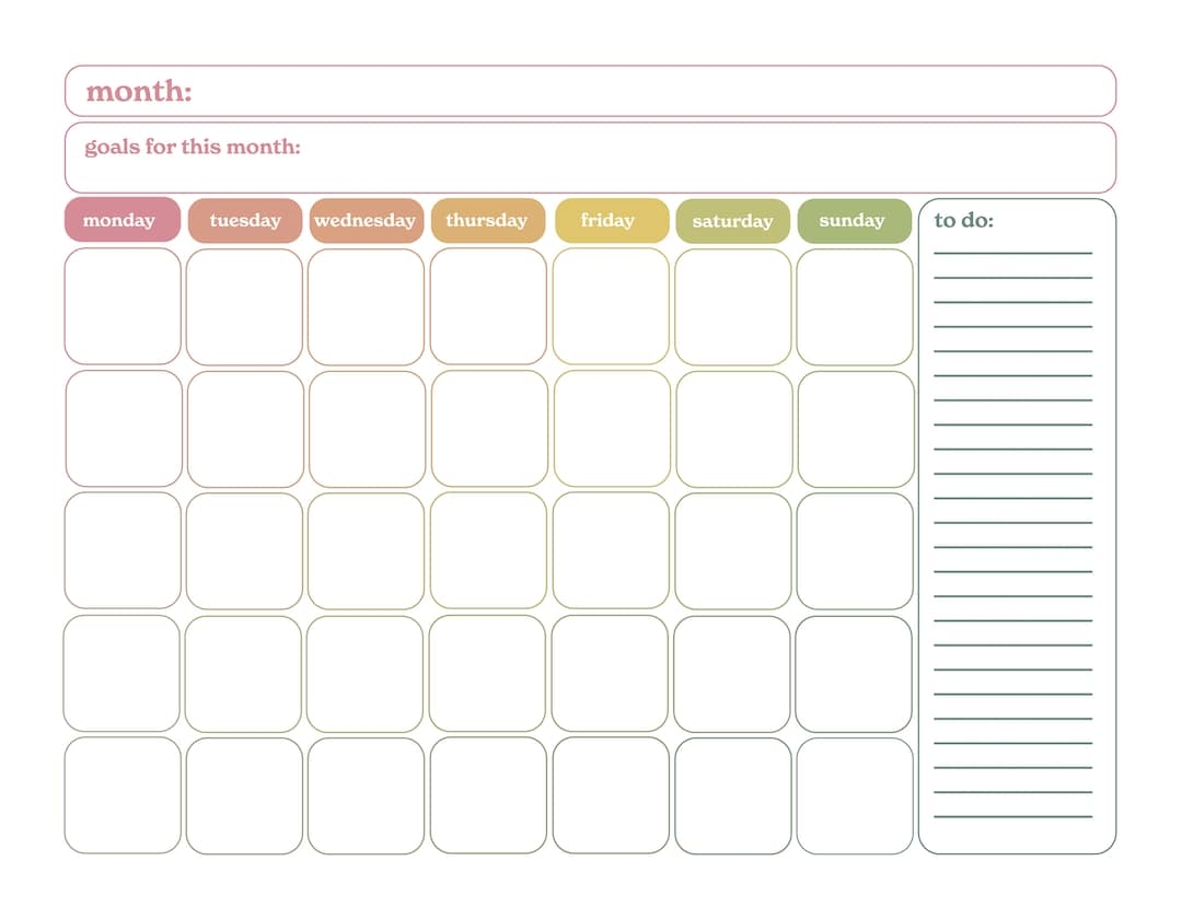 Pretty Printable Blank Calendar