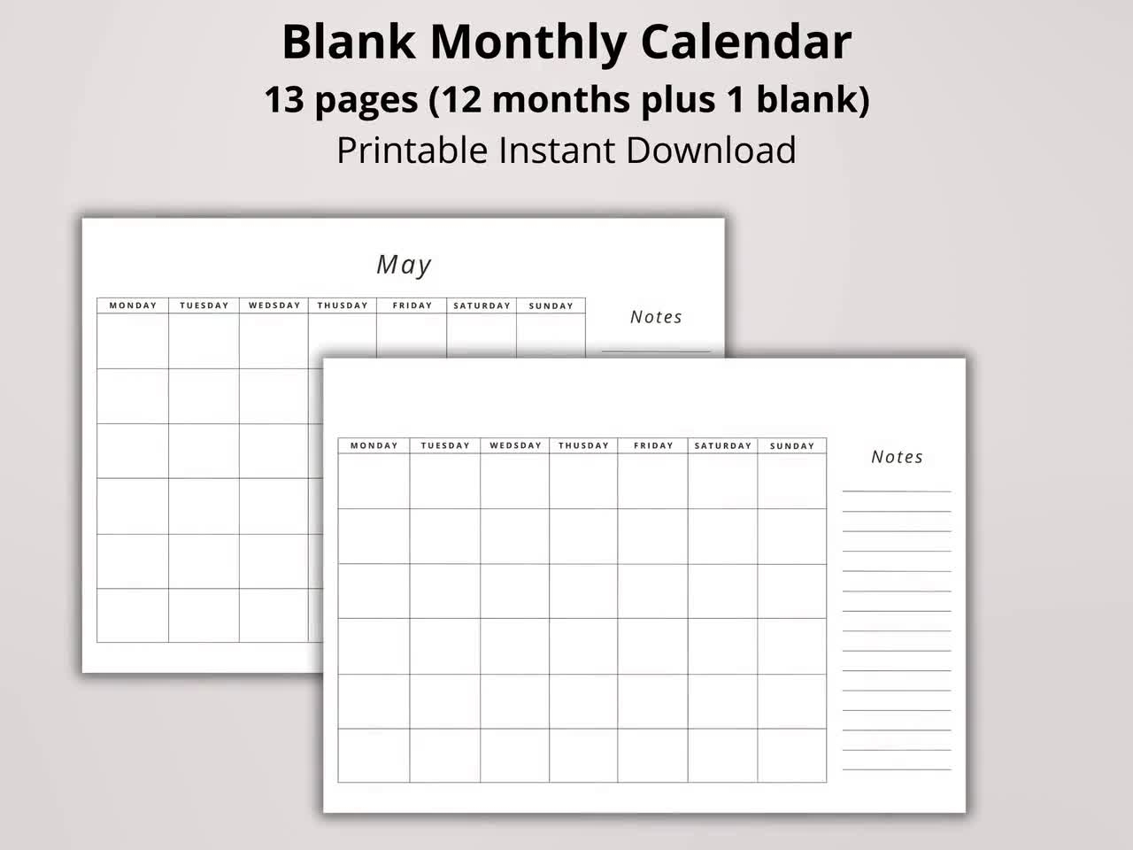 Printable Blank Undated Calendar With Notes Monday Sunday Start Monthly Family Wall Or Desk Calendar A3 A4 US Letter Horizontal Planner Etsy