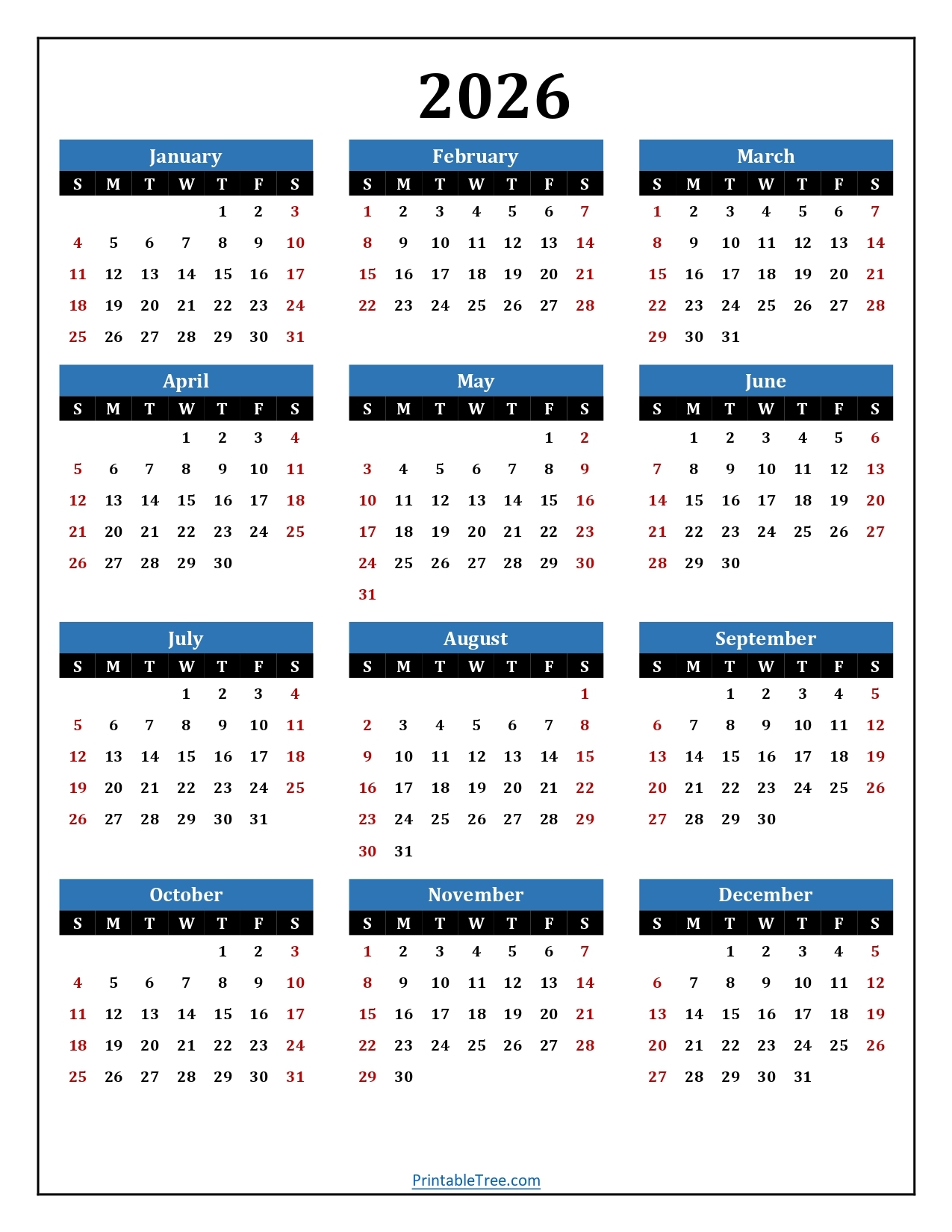Free Fillable Blank Printable Calendar 2026