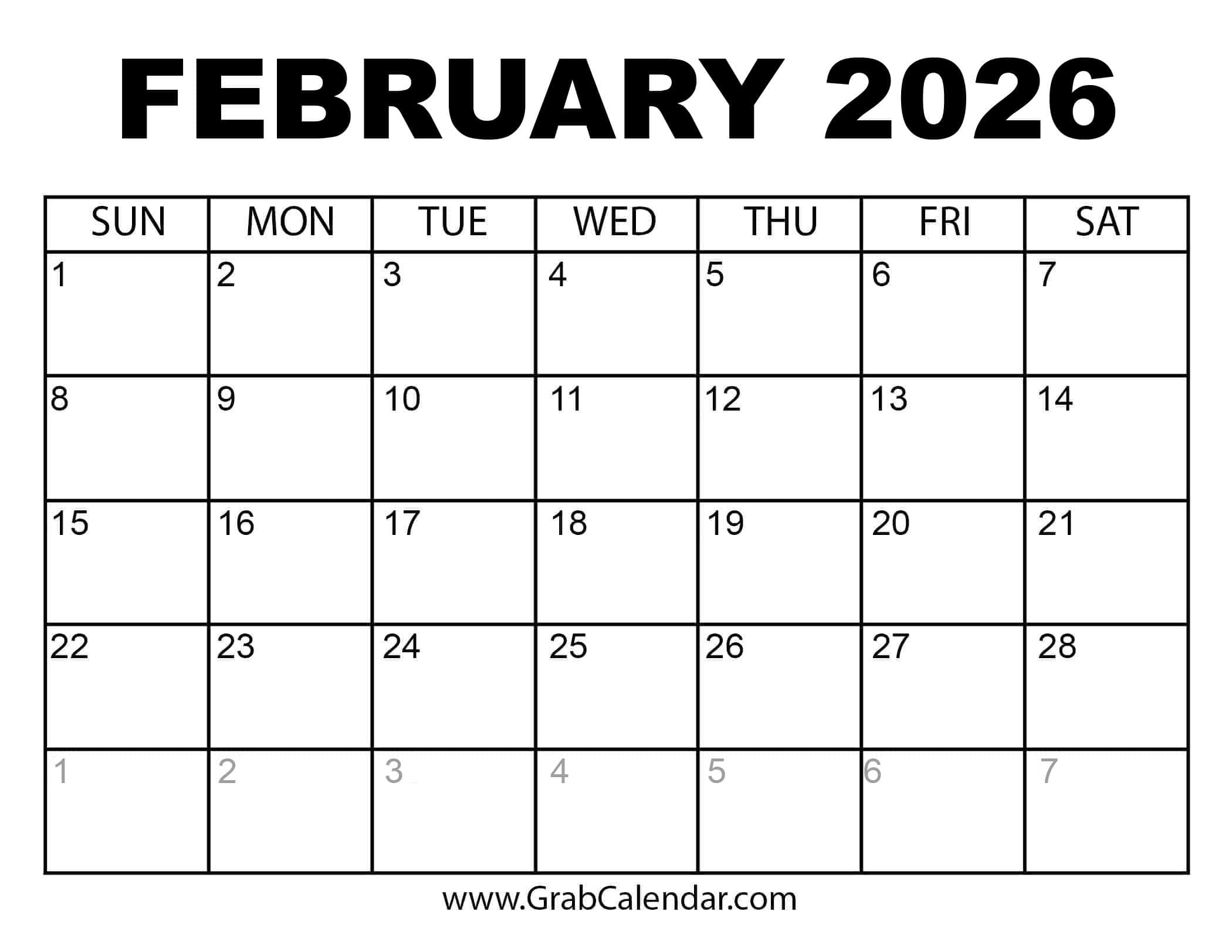 Monthly Calendar 2026 Printable Blank