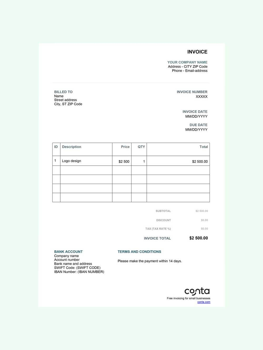 Printable Invoice Template Free Invoice Format Excel Word PDF Conta