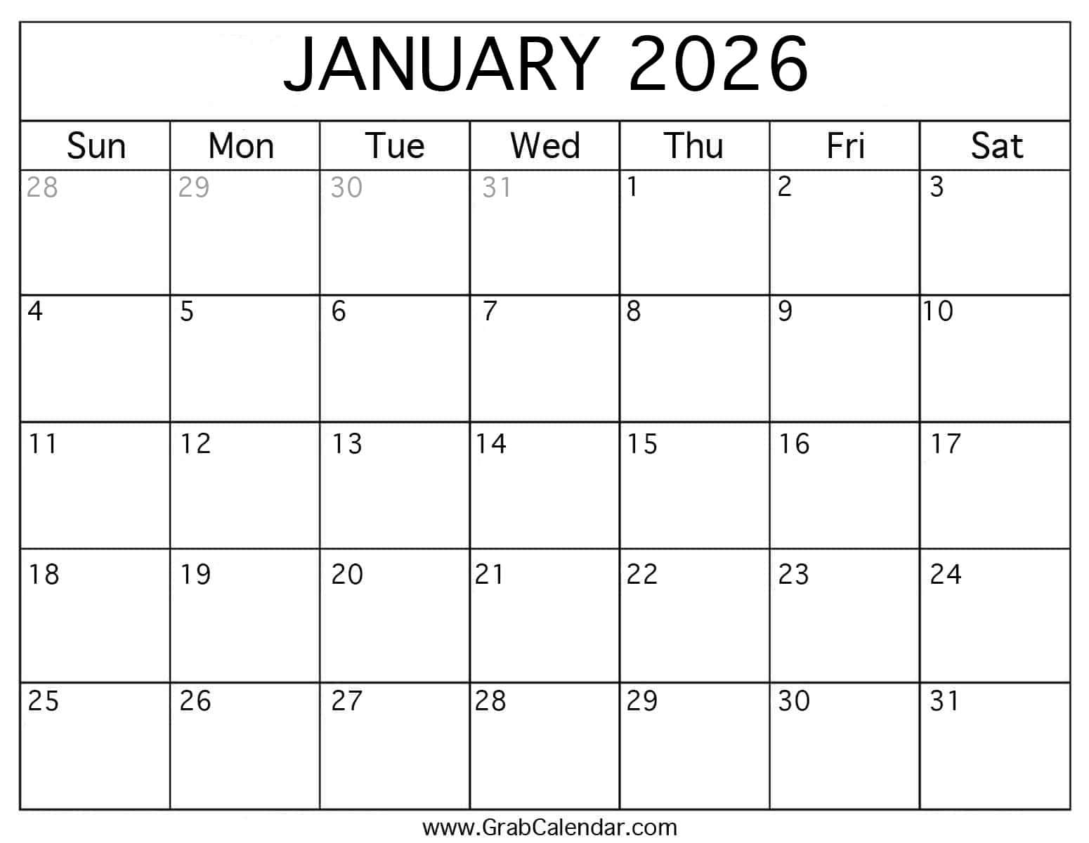 Printable January 2026 Calendar