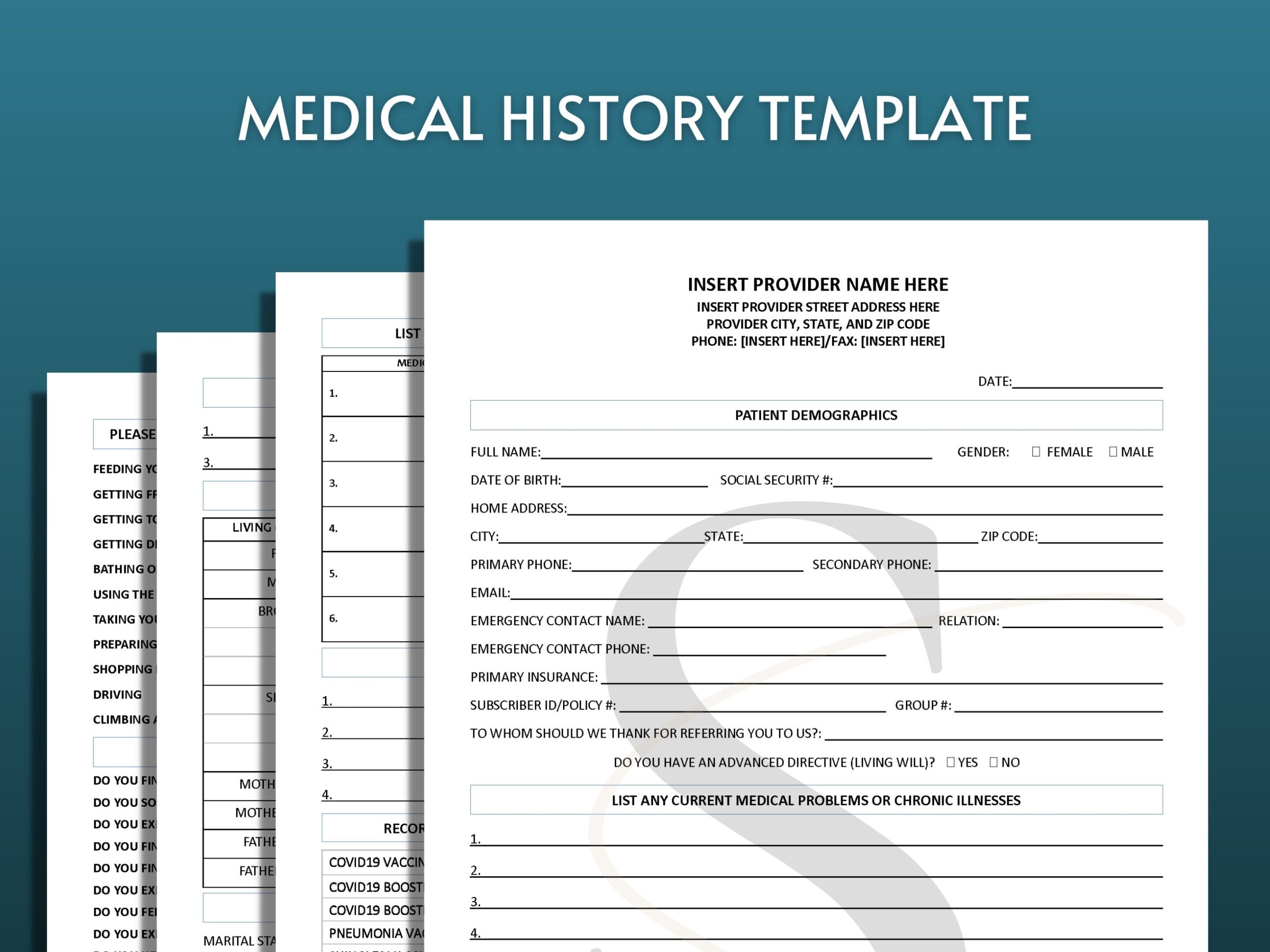 Printable Medical History Template Patient Intake Medical Forms Health History Instant Download Editable Printable Business Template Etsy Denmark