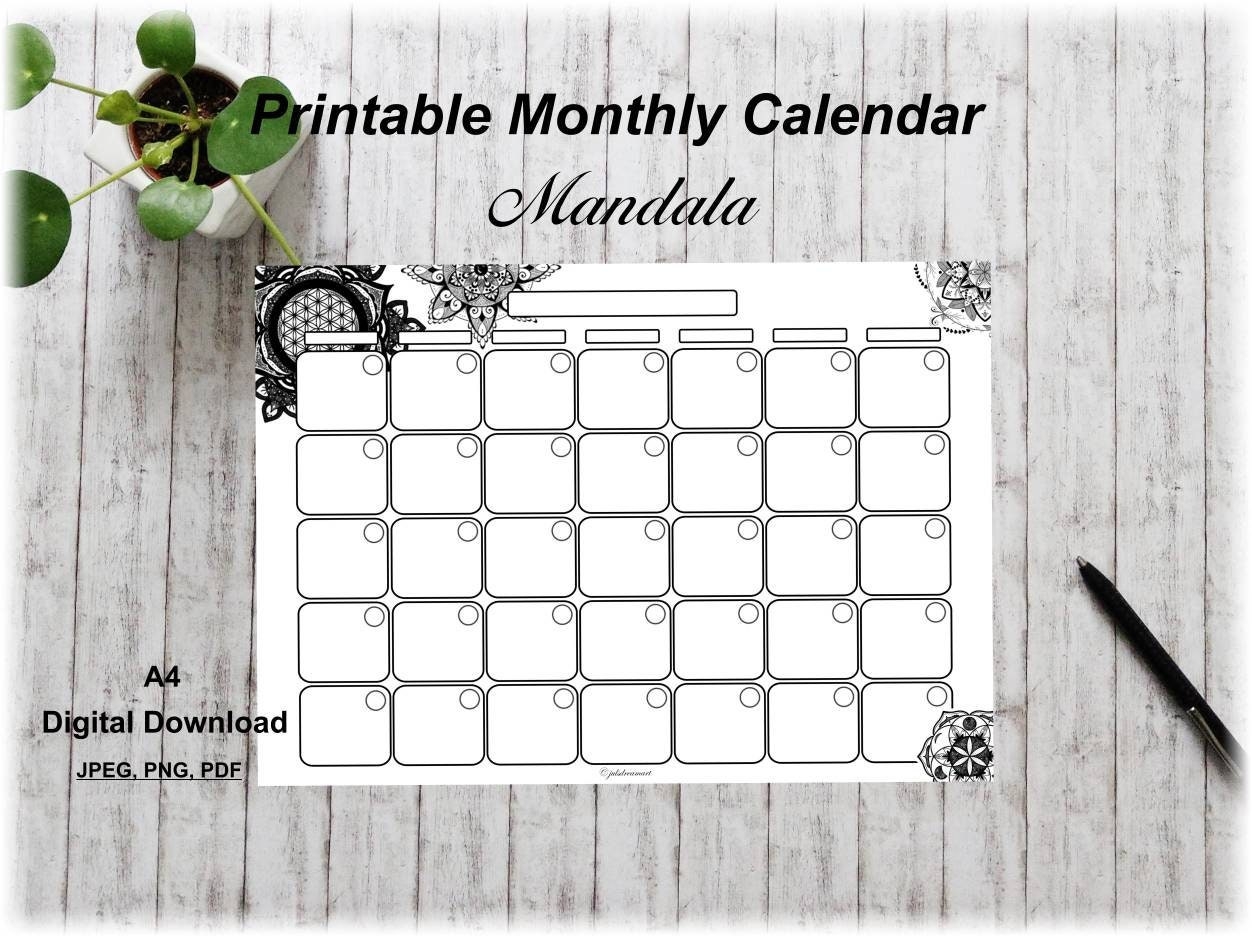 Printable Monthly Calendar Mandala Calendar Undated Desk Calendar Planner Digital Download Etsy